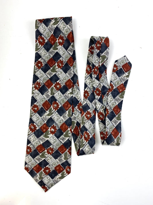 Front of: 90s Deadstock Silk Necktie, Men's Vintage Grey/Brown Floral Lattice Pattern Tie, NOS