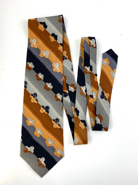 Front of: 90s Deadstock Silk Necktie, Men's Vintage Grey/ Brown Floral Butterfly Diagonal Stripe Pattern Tie, NOS