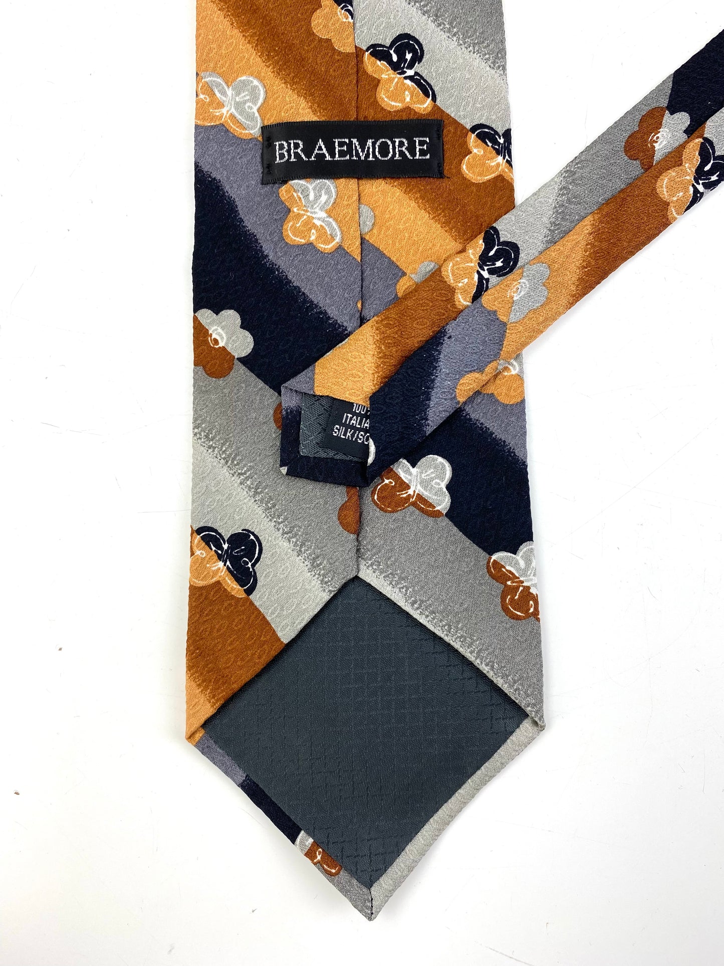 Back and labels of: 90s Deadstock Silk Necktie, Men's Vintage Grey/ Brown Floral Butterfly Diagonal Stripe Pattern Tie, NOS