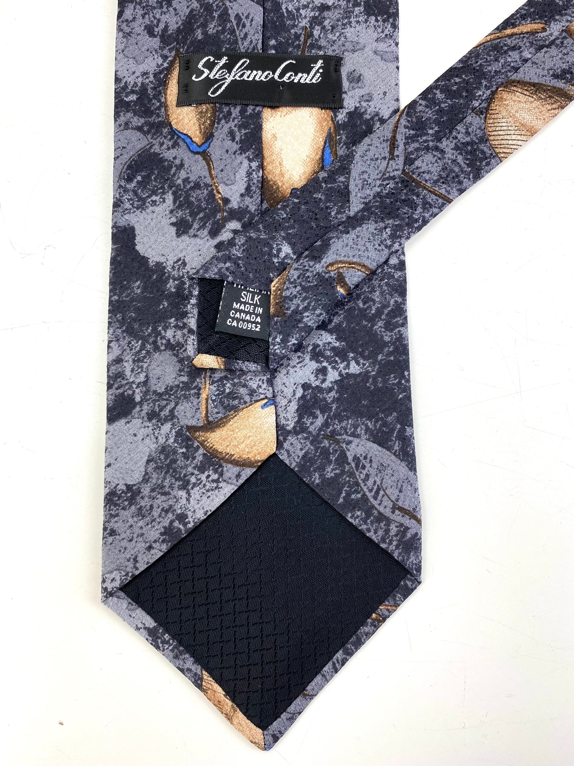 Back and labels of: 90s Deadstock Silk Necktie, Men's Vintage Grey/ Blue Botanical Pattern Tie, NOS