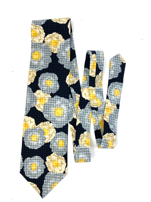 Front of: 90s Deadstock Silk Necktie, Men's Vintage Black/ Grey Floral Pattern Tie, NOS