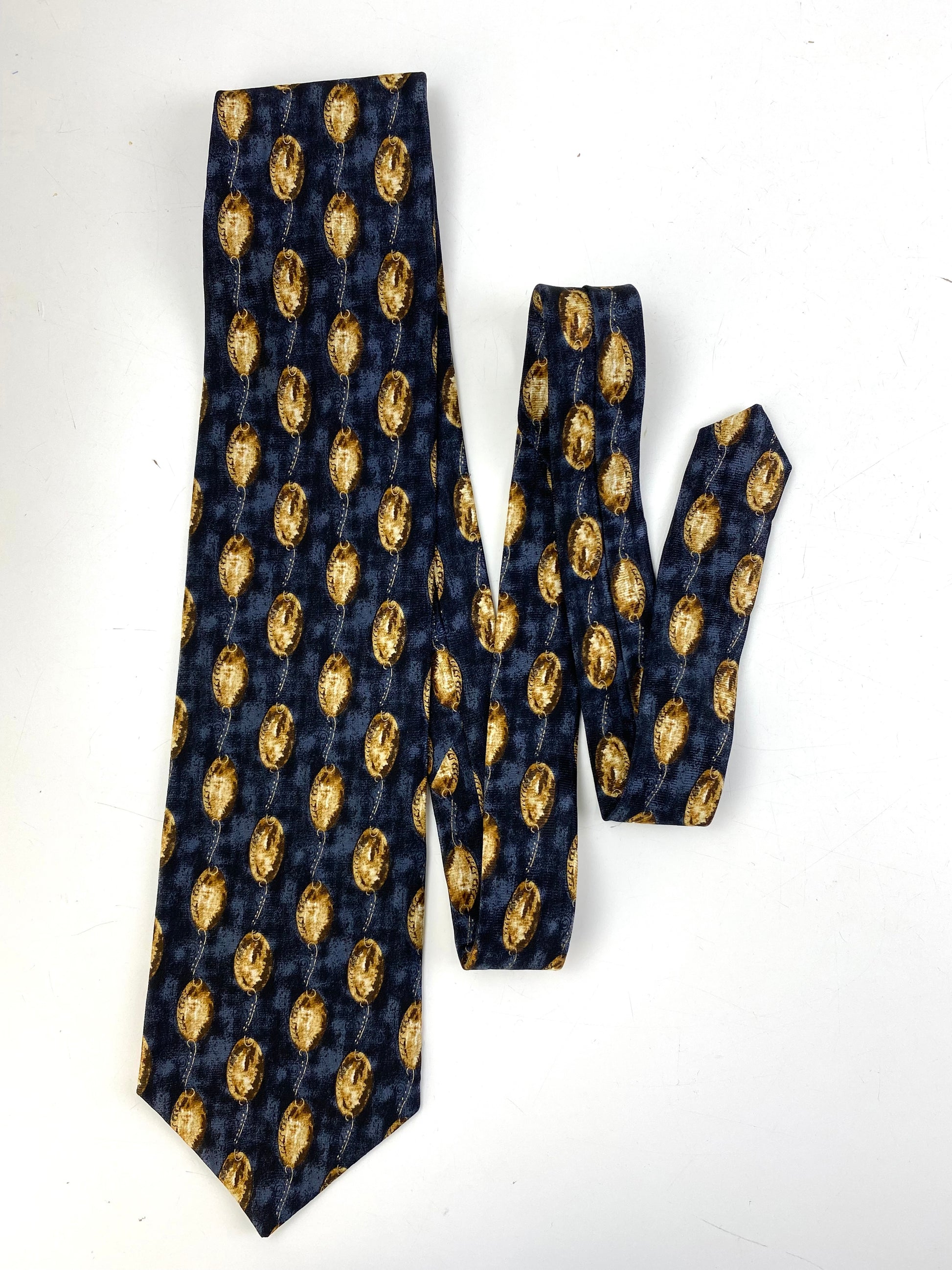 Front of: 90s Deadstock Silk Necktie, Men's Vintage Grey/Blue Abstract Golden Oval Pattern Tie, NOS