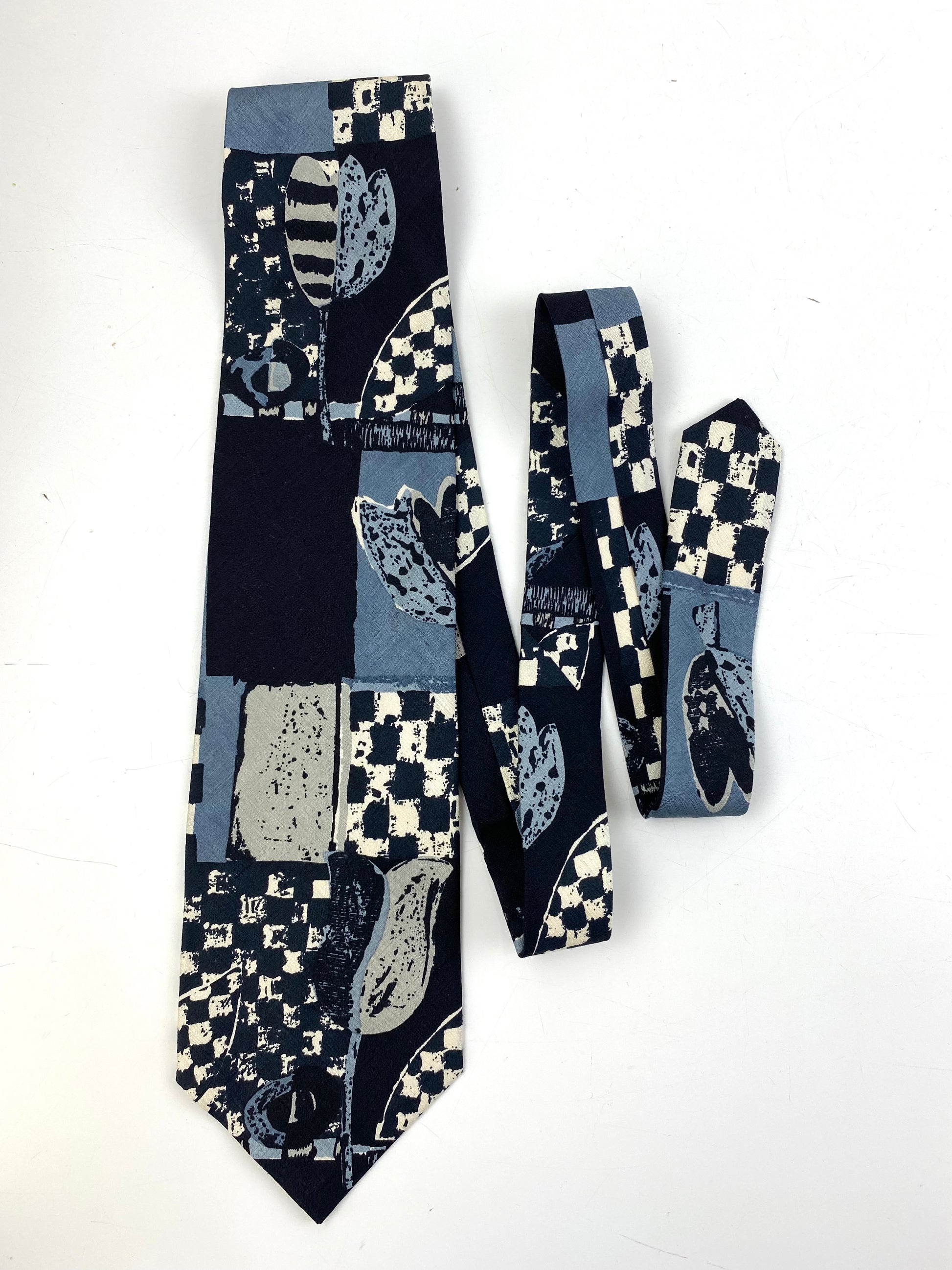 Front of: 90s Deadstock Silk Necktie, Men's Vintage Grey/Blue/Black Check Tulip Pattern Tie, NOS