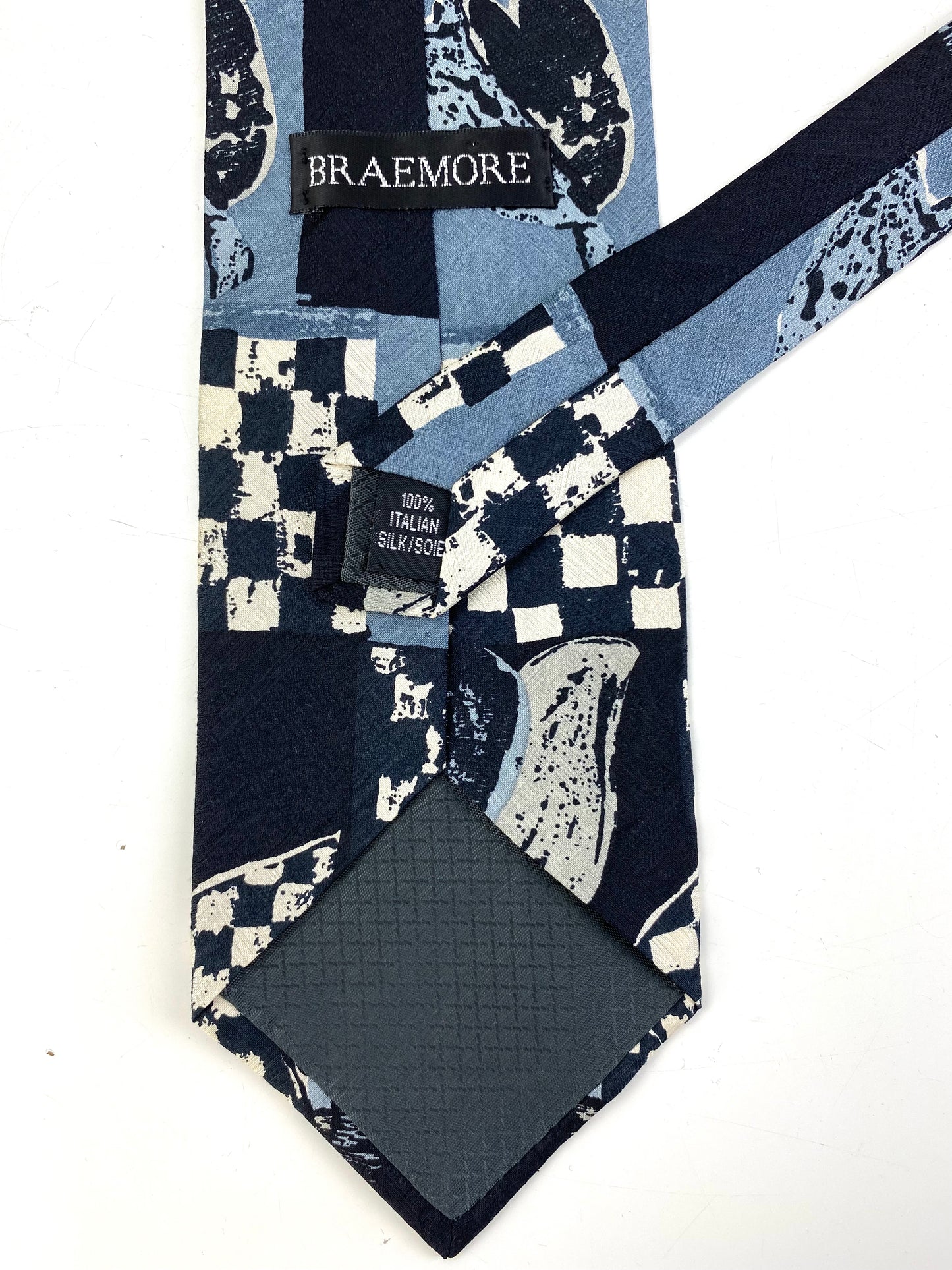 Back and labels of: 90s Deadstock Silk Necktie, Men's Vintage Grey/Blue/Black Check Tulip Pattern Tie, NOS