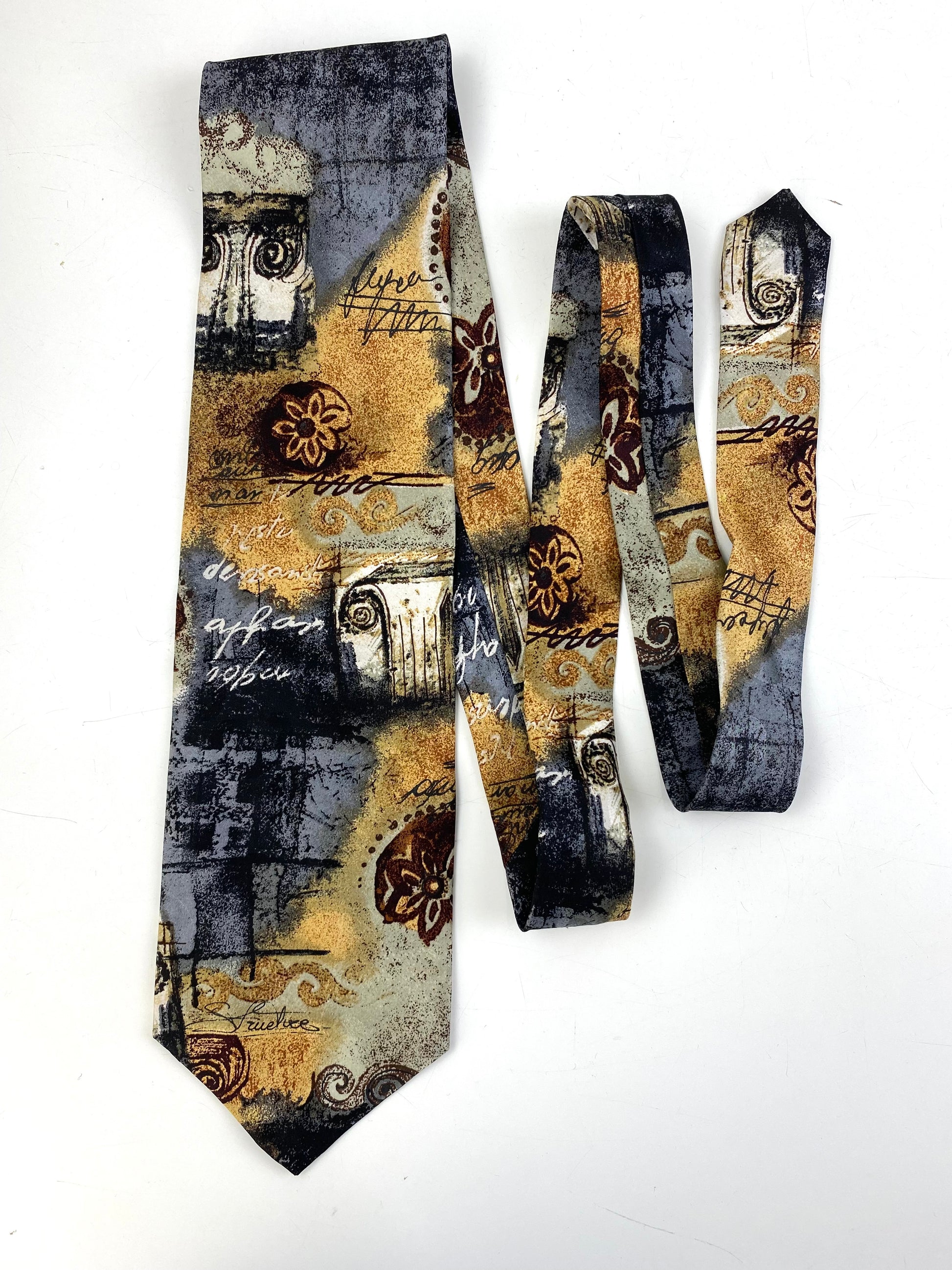 Front of: 90s Deadstock Silk Necktie, Men's Vintage Grey/ Gold Classical Theme Abstract Pattern Tie, NOS