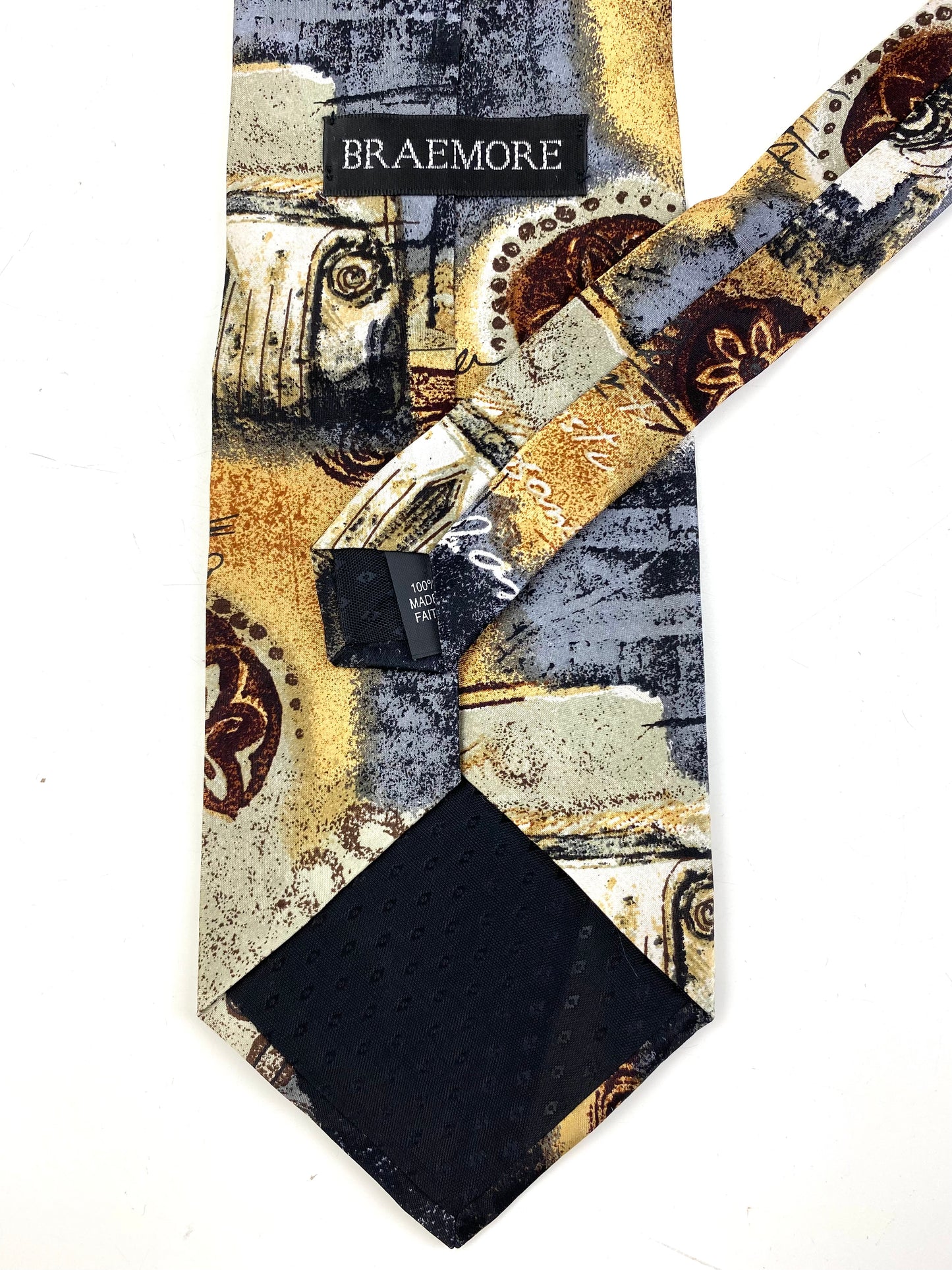 Back and labels of: 90s Deadstock Silk Necktie, Men's Vintage Grey/ Gold Classical Theme Abstract Pattern Tie, NOS