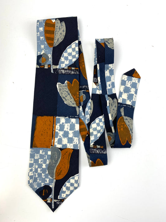90s Deadstock Silk Necktie, Men's Vintage Navy/ Blue/ Copper Check Tulip Pattern Tie, NOS