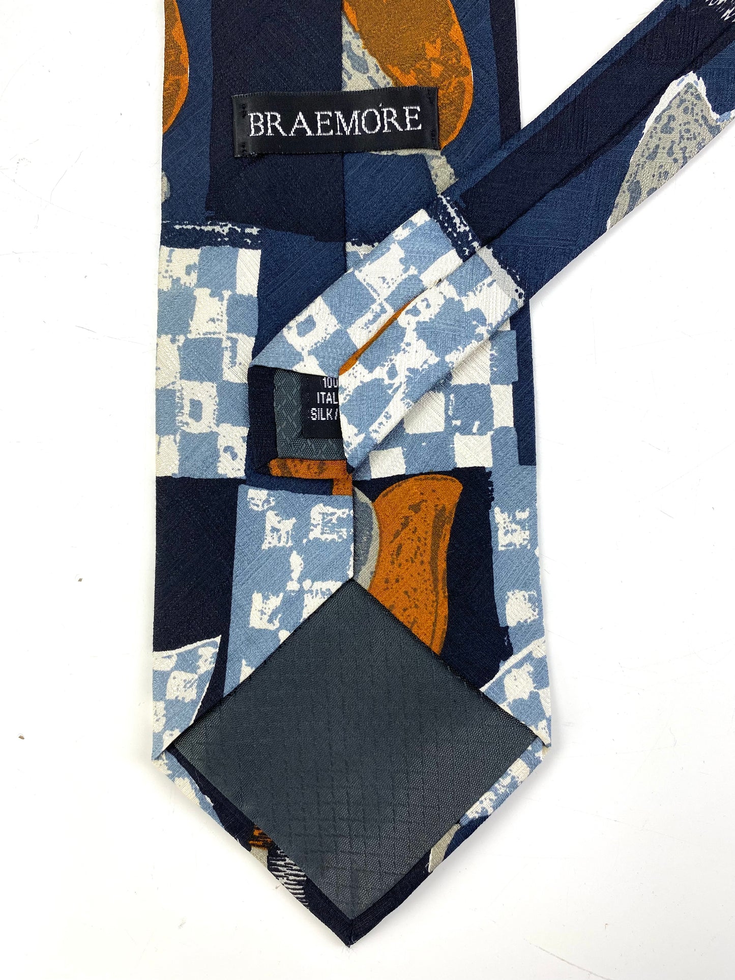 90s Deadstock Silk Necktie, Men's Vintage Navy/ Blue/ Copper Check Tulip Pattern Tie, NOS