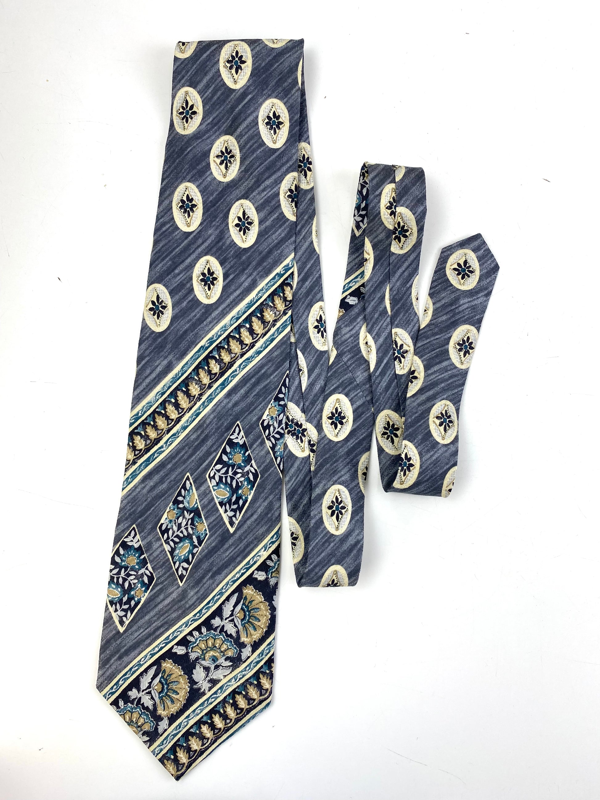 Front of: 90s Deadstock Silk Necktie, Men's Vintage Grey/ Teal Abstract Botanical Pattern Tie, NOS