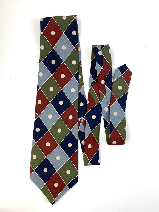 Front of: 90s Deadstock Silk Necktie, Men's Vintage Green/ Blue Checker Dot Pattern Tie, NOS