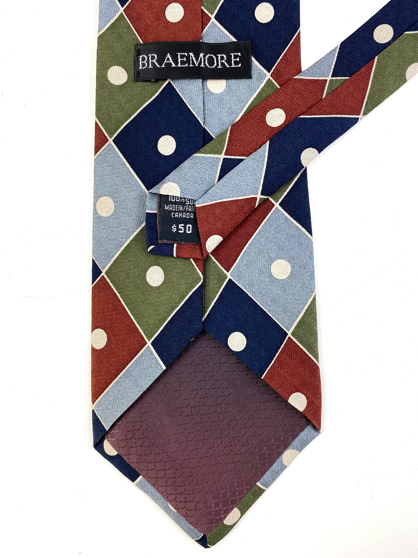 Back and labels of: 90s Deadstock Silk Necktie, Men's Vintage Green/ Blue Checker Dot Pattern Tie, NOS