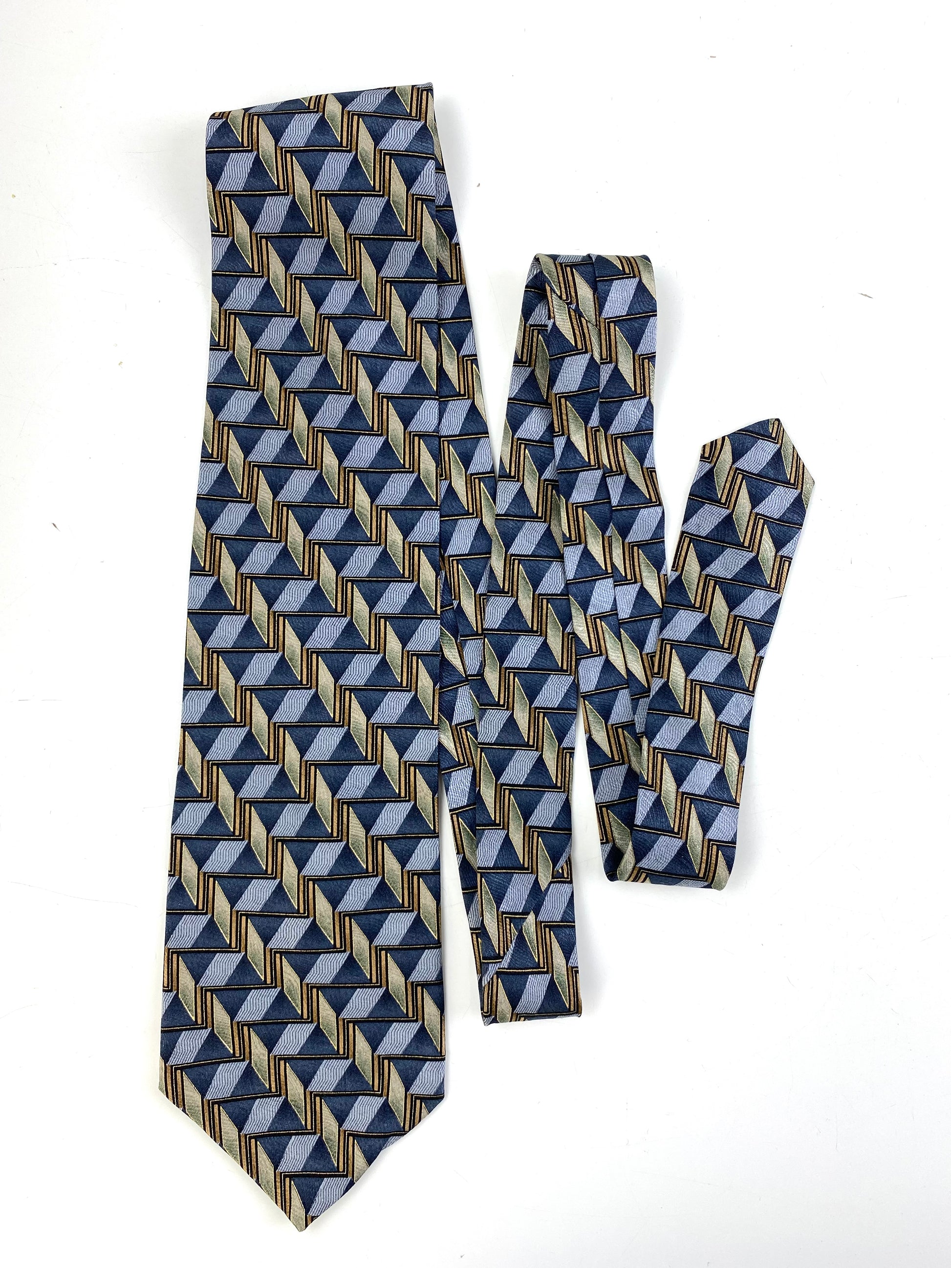 Front of: 90s Deadstock Silk Necktie, Men's Vintage Grey/ Gold Geometric Pattern Tie, NOS