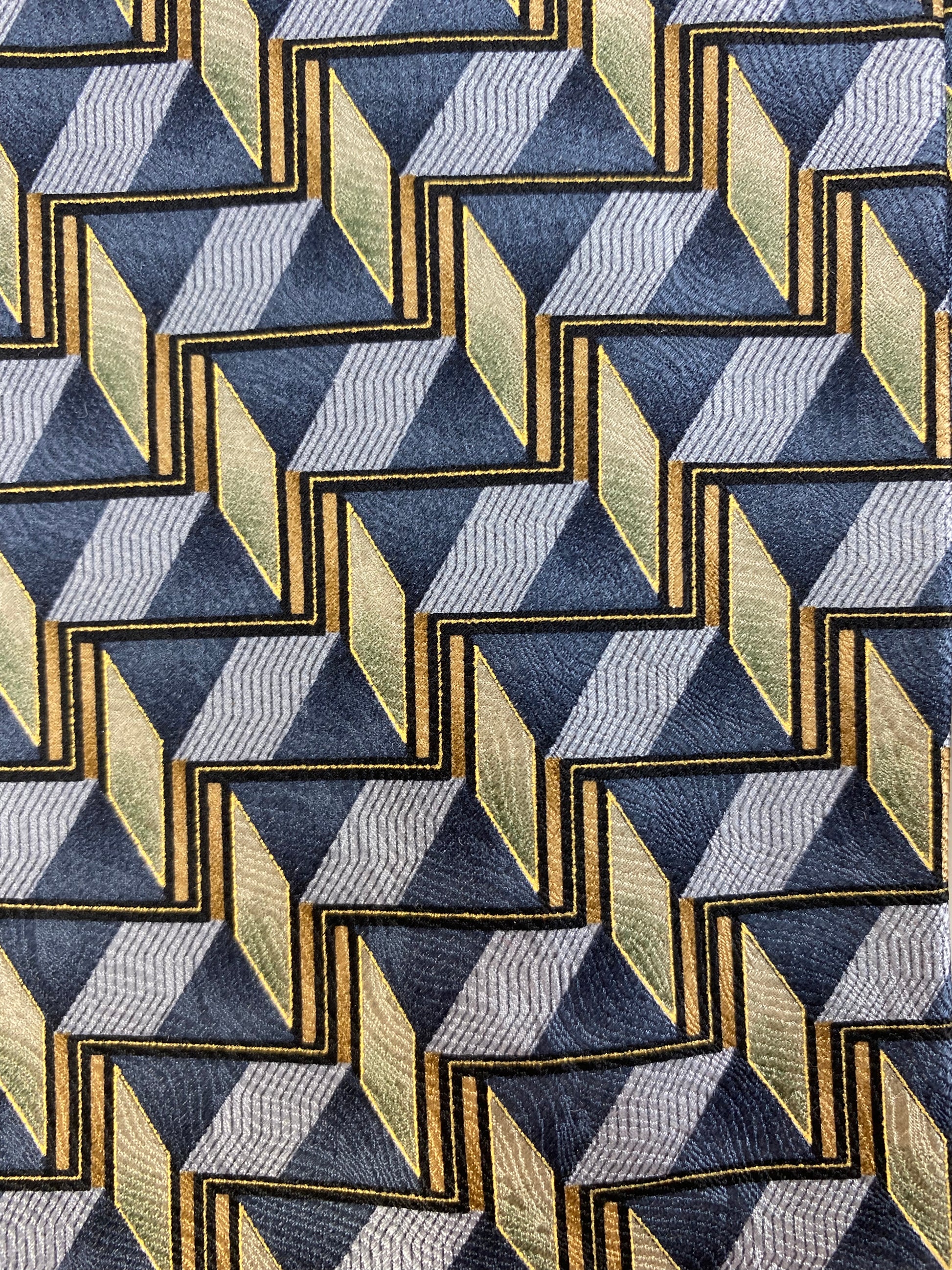 Close-up of: 90s Deadstock Silk Necktie, Men's Vintage Grey/ Gold Geometric Pattern Tie, NOS