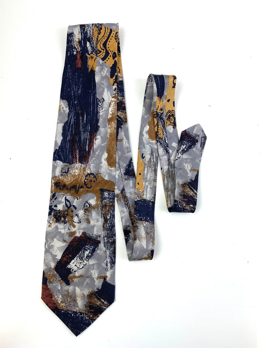 Front of: 90s Deadstock Silk Necktie, Men's Vintage Grey/ Navy Abstract Pattern Tie, NOS