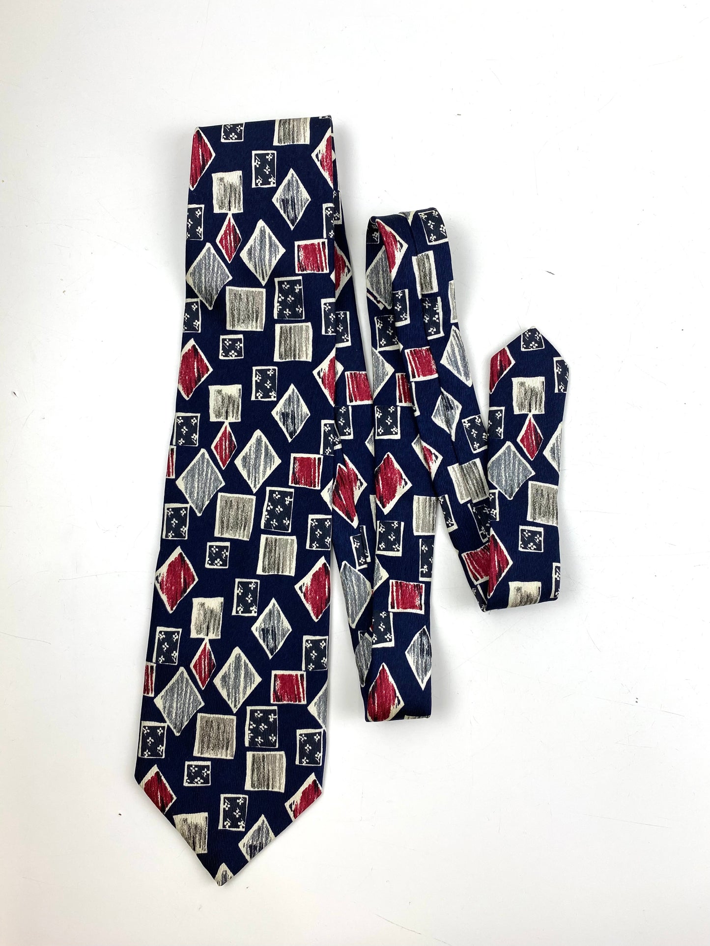 90s Deadstock Silk Necktie, Men's Vintage Navy Tie With Red/ Grey Diamond & Square Pattern, NOS