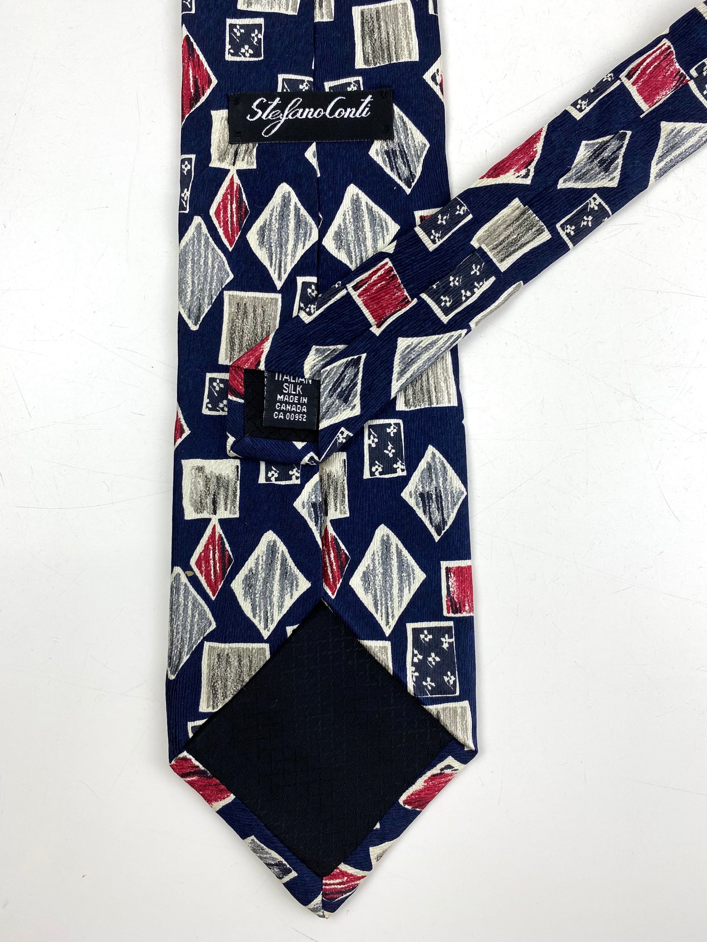 90s Deadstock Silk Necktie, Men's Vintage Navy Tie With Red/ Grey Diamond & Square Pattern, NOS