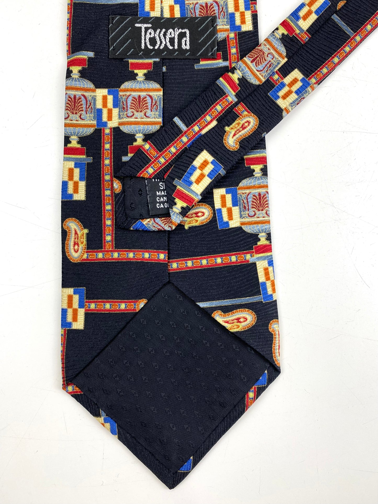 90s Deadstock Silk Necktie, Men's Vintage Black/ Red/ Blue Art Deco Pillar & Paisley Boteh Pattern Tie, NOS