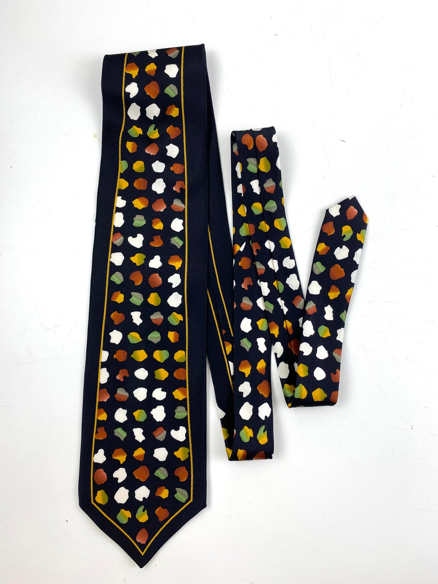 90s Deadstock Silk Necktie, Men's Vintage Black/ Rusty Brown/ Yellow Abstract Blot Pattern Tie, NOS