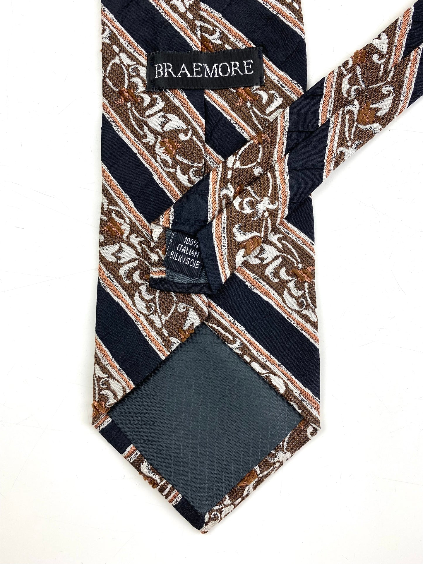 90s Deadstock Silk Necktie, Vintage Black Brown Diagonal Stripe With Filigree, NOS