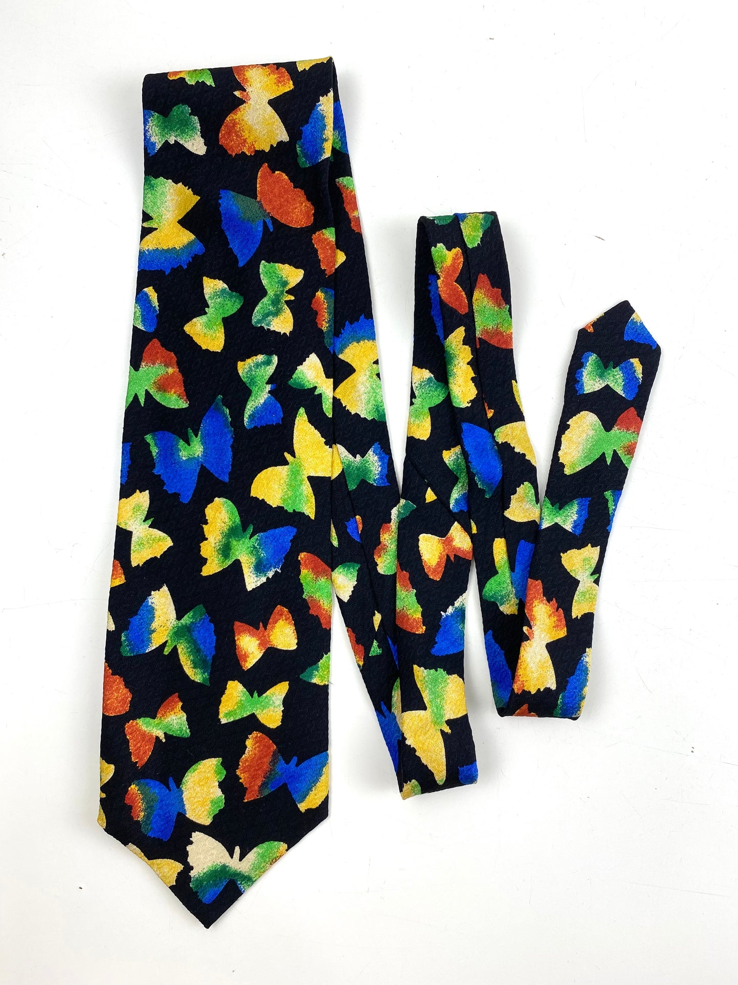 90s Deadstock Silk Necktie, Vintage Black/ Blue/ Yellow Butterfly Pattern Tie, NOS