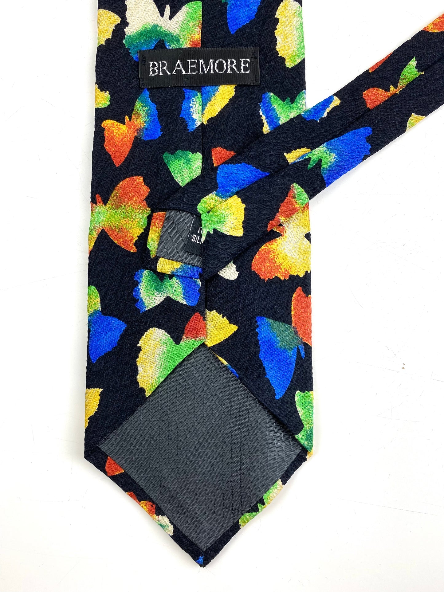 90s Deadstock Silk Necktie, Vintage Black/ Blue/ Yellow Butterfly Pattern Tie, NOS
