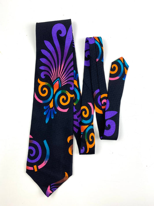 Front of: 90s Deadstock Silk Necktie, Men's Vintage Purple/ Orange/ Blue Tikki Pattern Tie, NOS