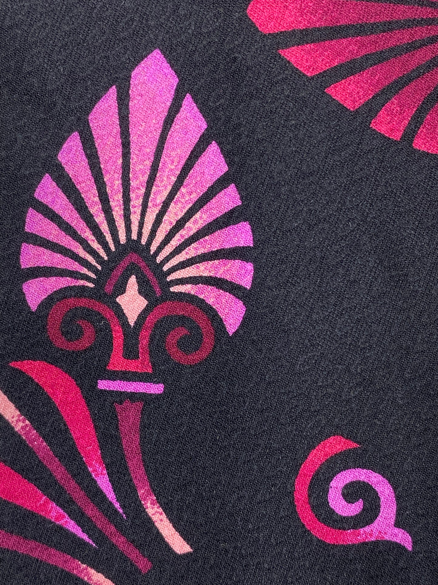 Close-up of: 90s Deadstock Silk Necktie, Men's Vintage Pink Tikki Pattern Tie, NOS