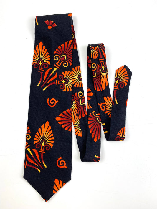Front of: 90s Deadstock Silk Necktie, Men's Vintage Orange/ Red Tikki Pattern Tie, NOS