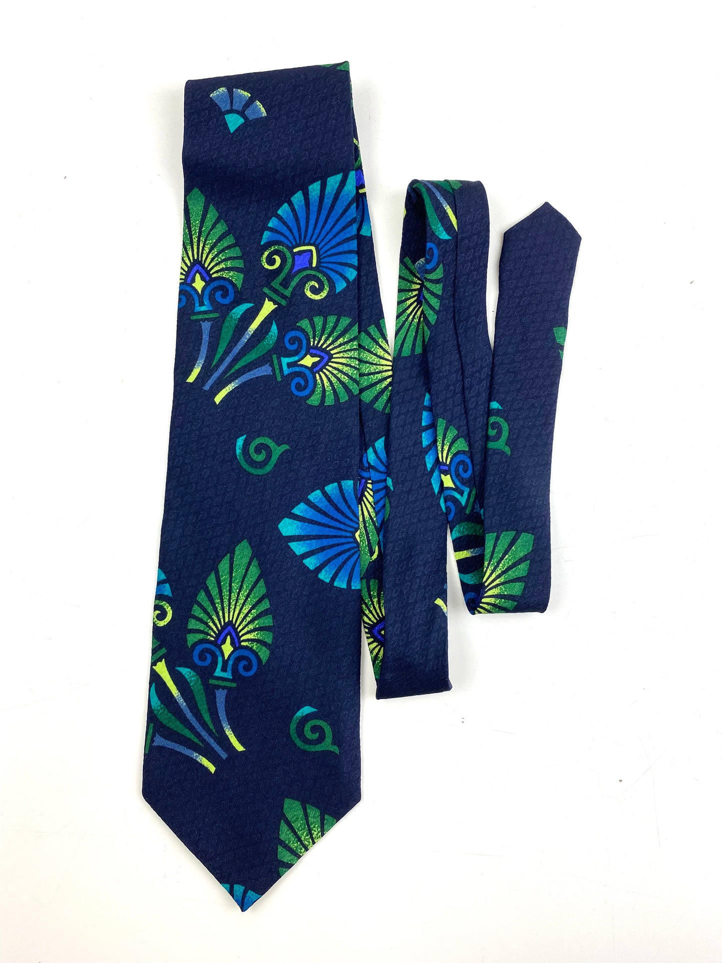 Front of: 90s Deadstock Silk Necktie, Men's Vintage Blue/ Green Tikki Pattern Tie, NOS