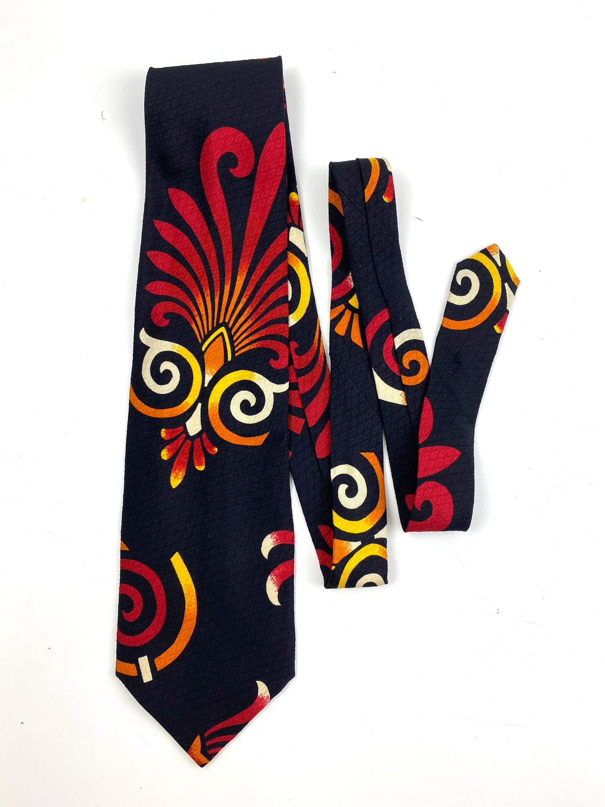 Front of: 90s Deadstock Silk Necktie, Men's Vintage Red/ Orange Tikki Pattern Tie, NOS