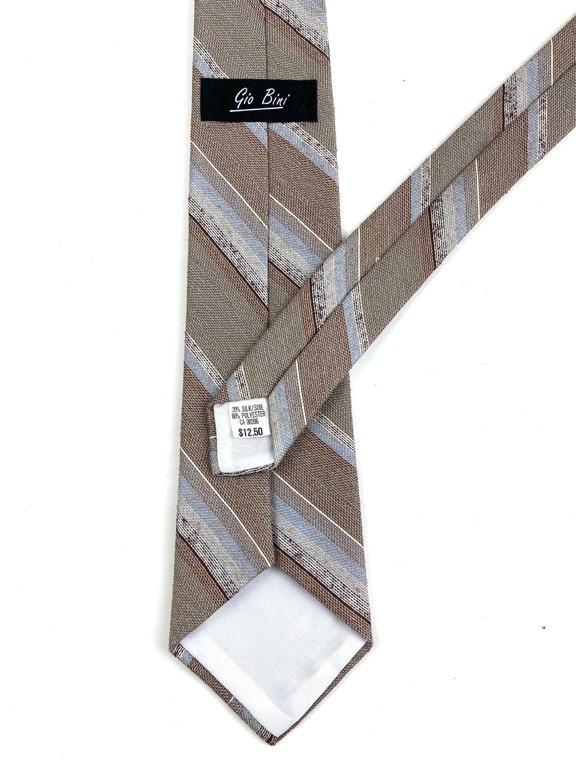 Back and labels of: 80s Deadstock Necktie, Men's Vintage Brown Blue Diagonal Stripe Tie, NOS