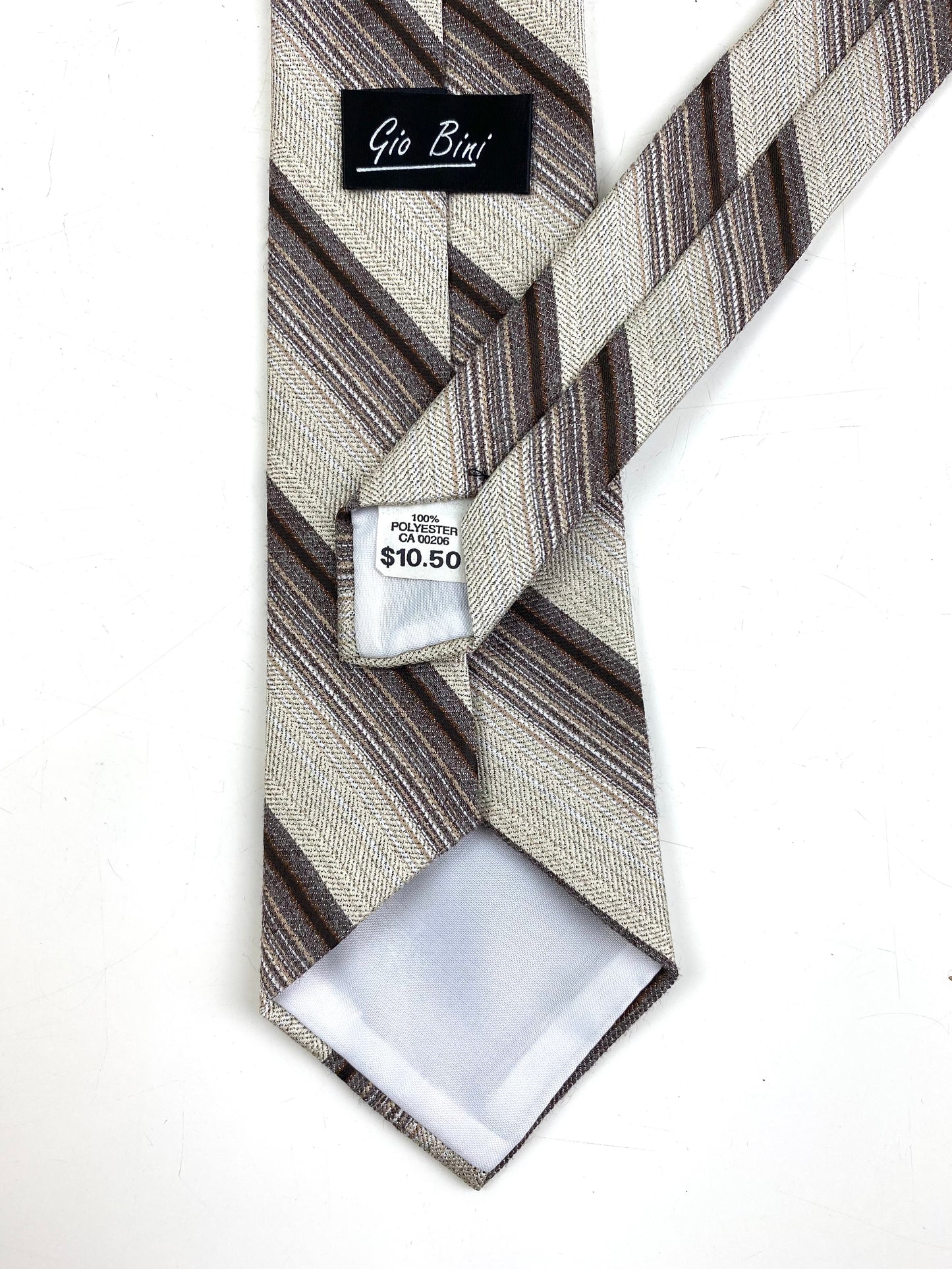 Back and labels of: 80s Deadstock Necktie, Men's Vintage Brown/ Beige Diagonal Stripe Tie, NOS
