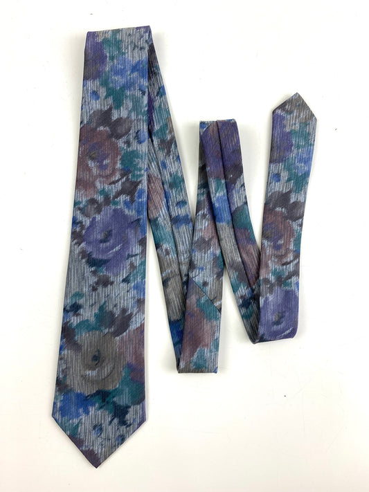 Front of: 80s Deadstock Necktie, Men's Vintage Purple Grey Floral Pattern Tie, NOS