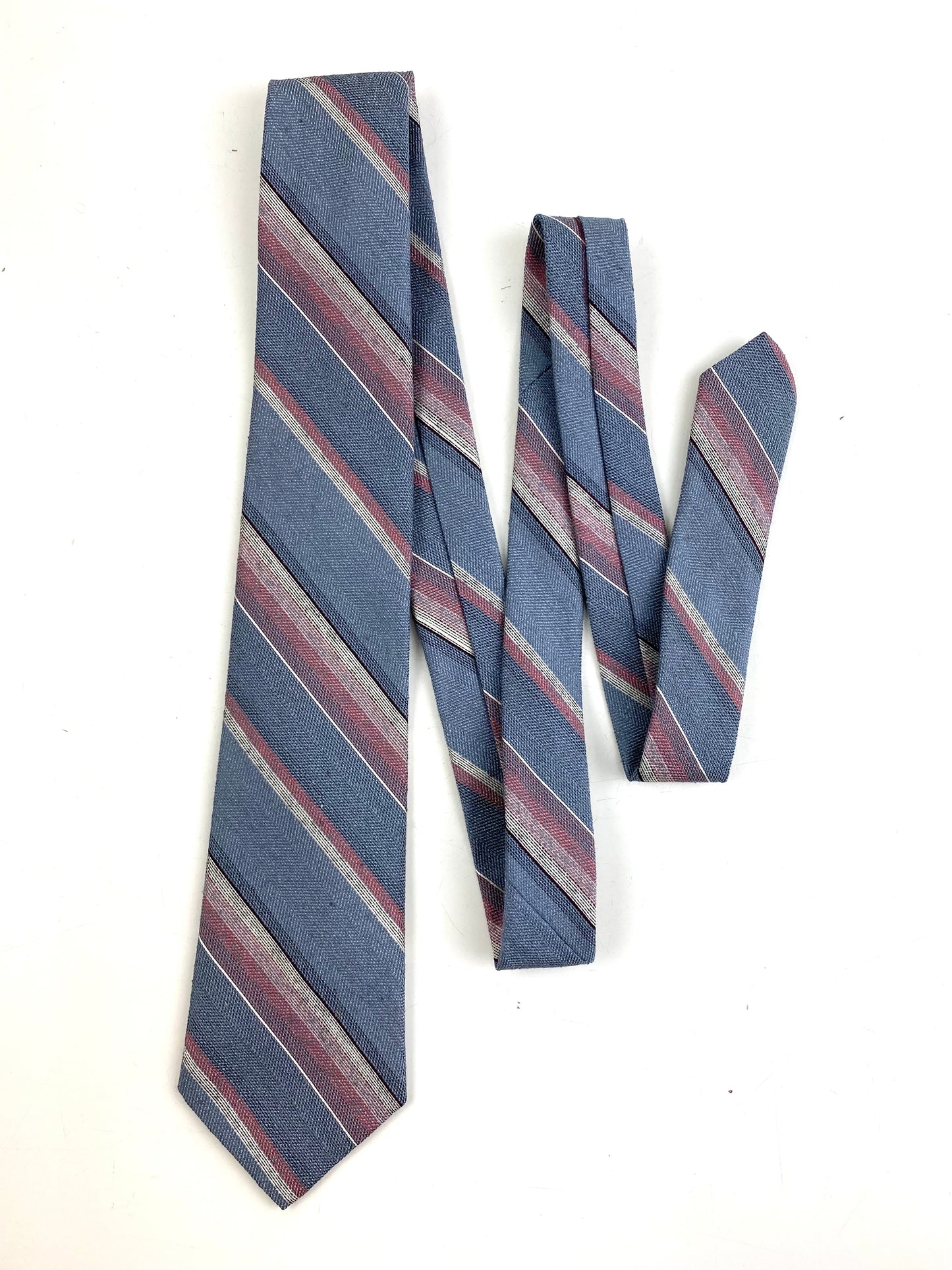 Front of: 80s Deadstock Necktie, Men's Vintage Grey/ Pink Diagonal Stripe Pattern Tie, NOS