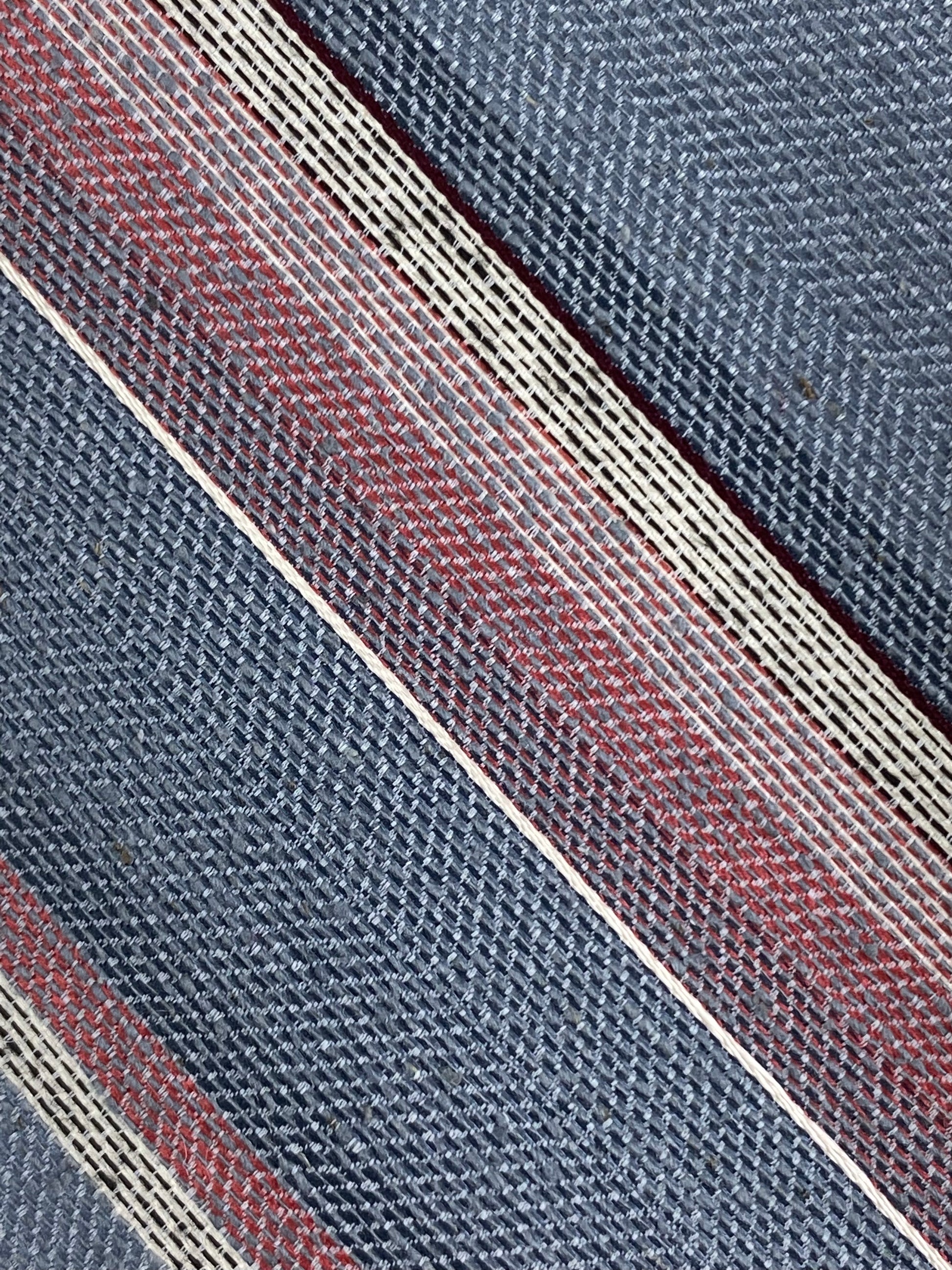 Close-up of: 80s Deadstock Necktie, Men's Vintage Grey/ Pink Diagonal Stripe Pattern Tie, NOS