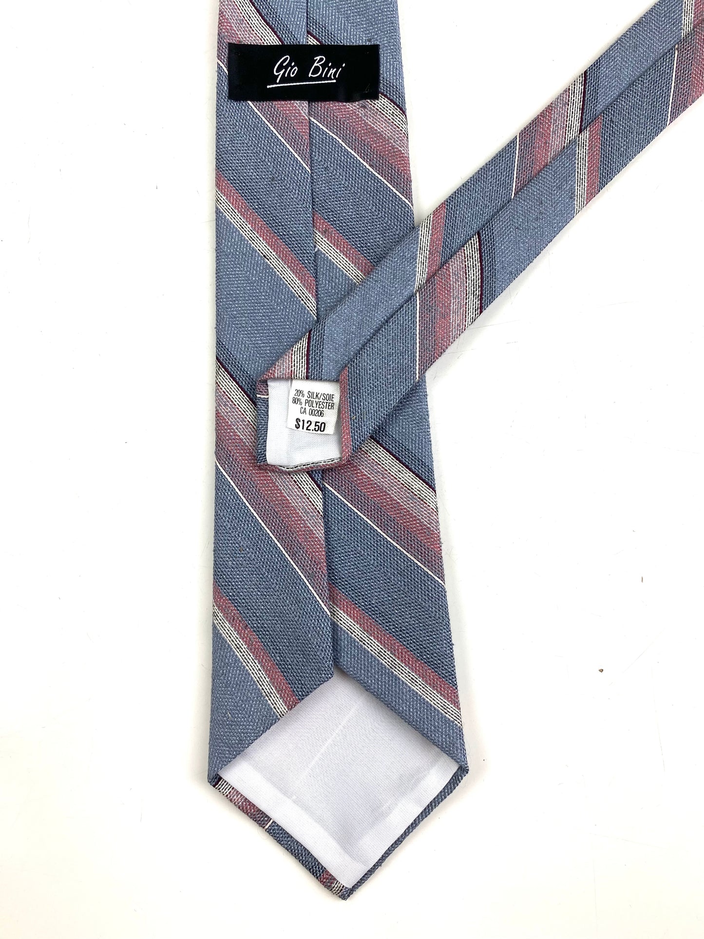 Back and labels of: 80s Deadstock Necktie, Men's Vintage Grey/ Pink Diagonal Stripe Pattern Tie, NOS