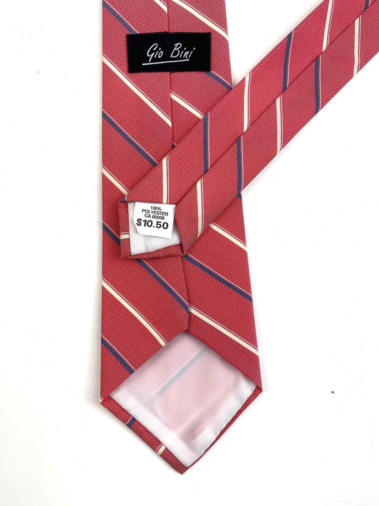 Back and labels of: 80s Deadstock Necktie, Men's Vintage Red/ Blue Diagonal Stripe Tie, NOS