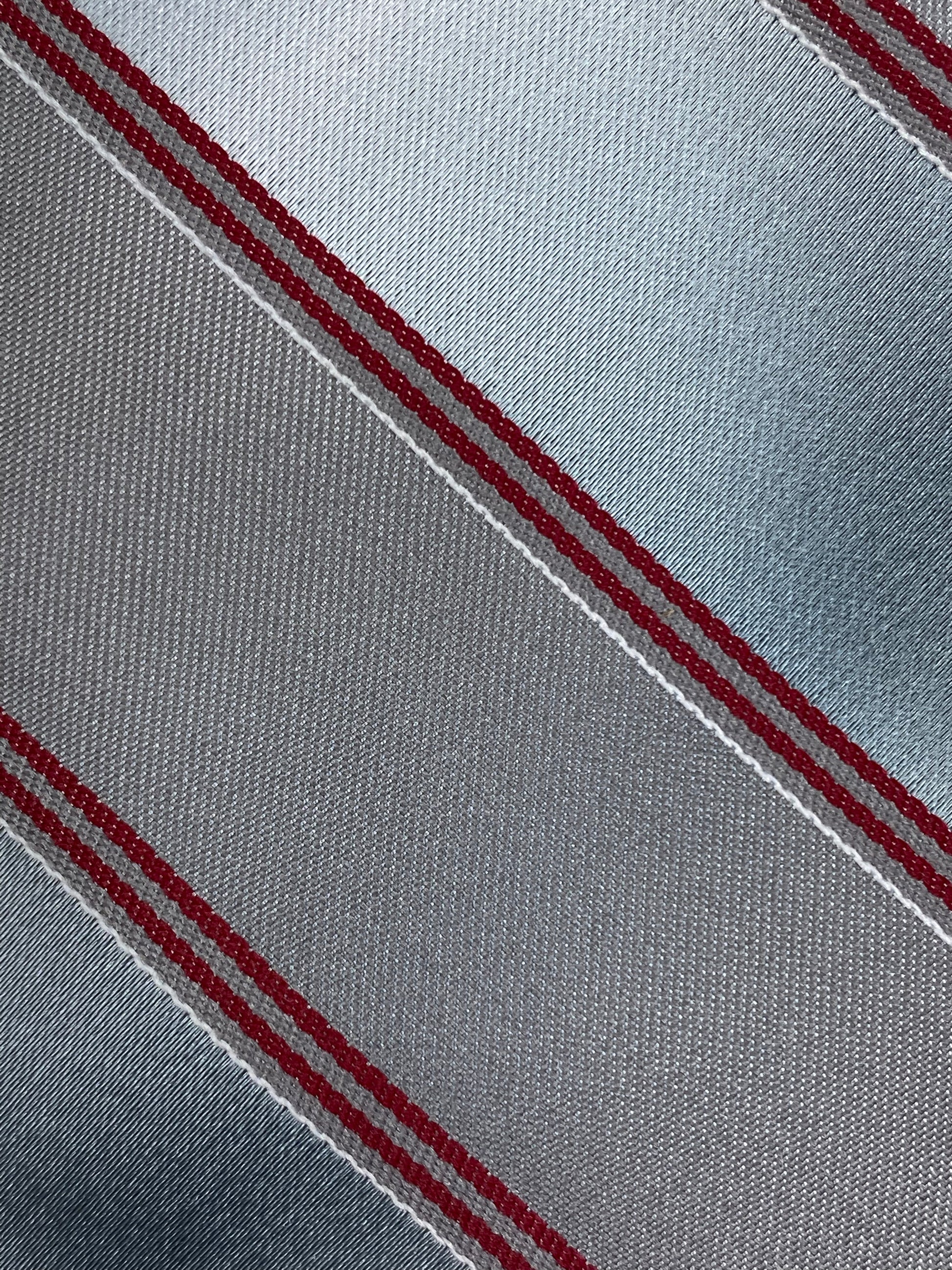 Close-up of: 80s Deadstock Necktie, Men's Vintage Red/ Grey Diagonal Stripe Tie, NOS