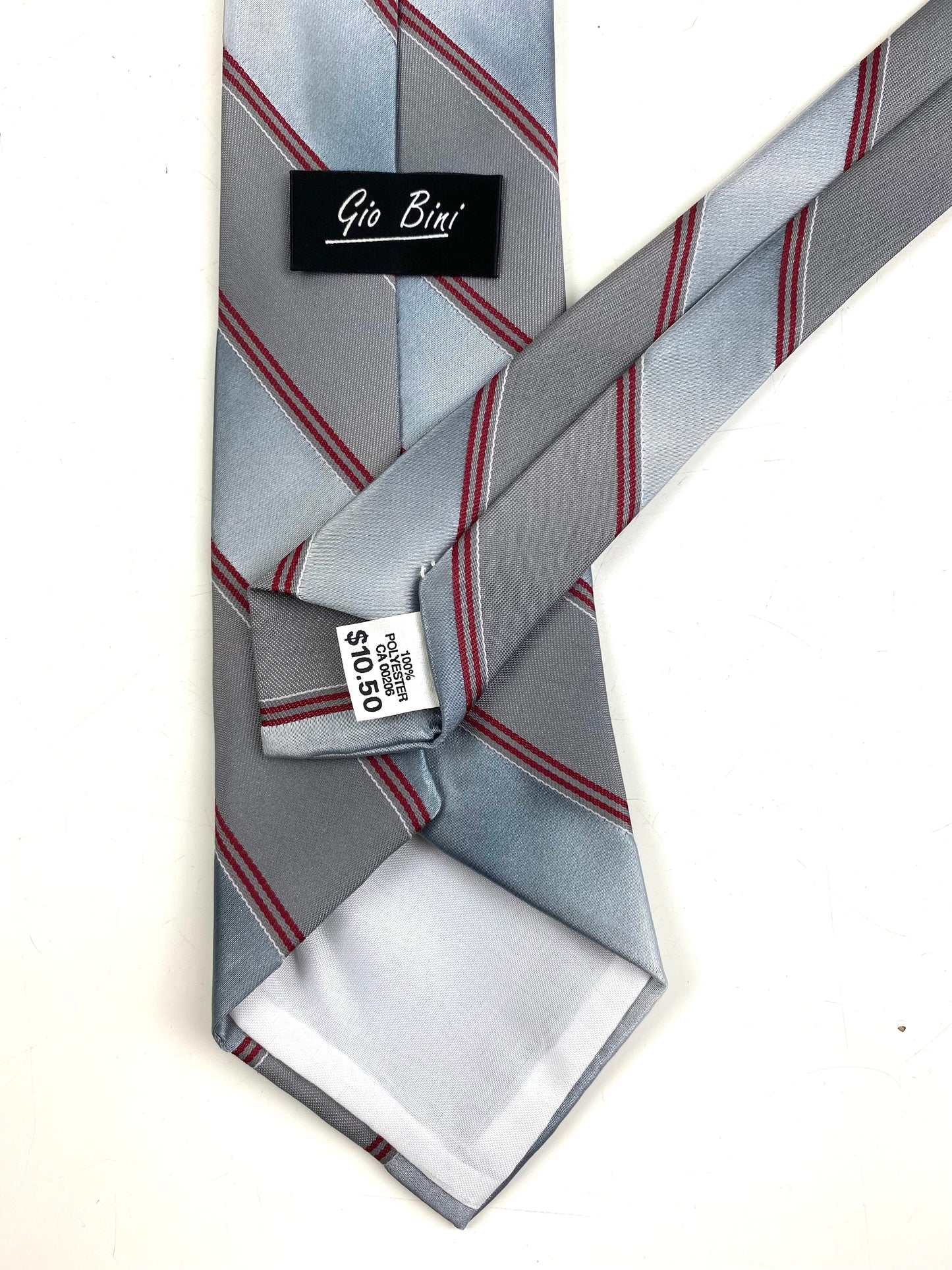 Back and labels of: 80s Deadstock Necktie, Men's Vintage Red/ Grey Diagonal Stripe Tie, NOS