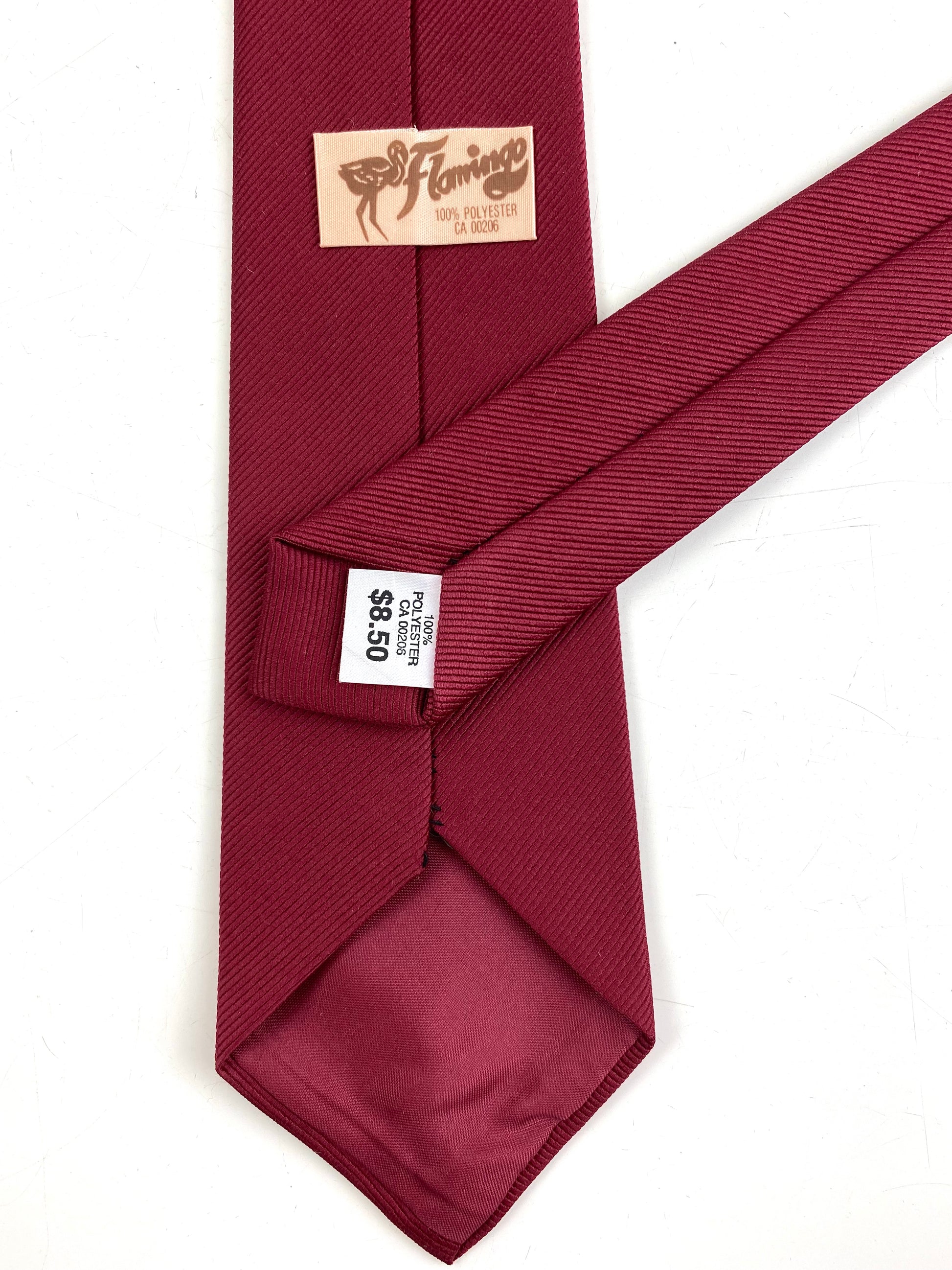 Back and labels of: 80s Deadstock Necktie, Men's Vintage Solid Burgundy Tie, NOS