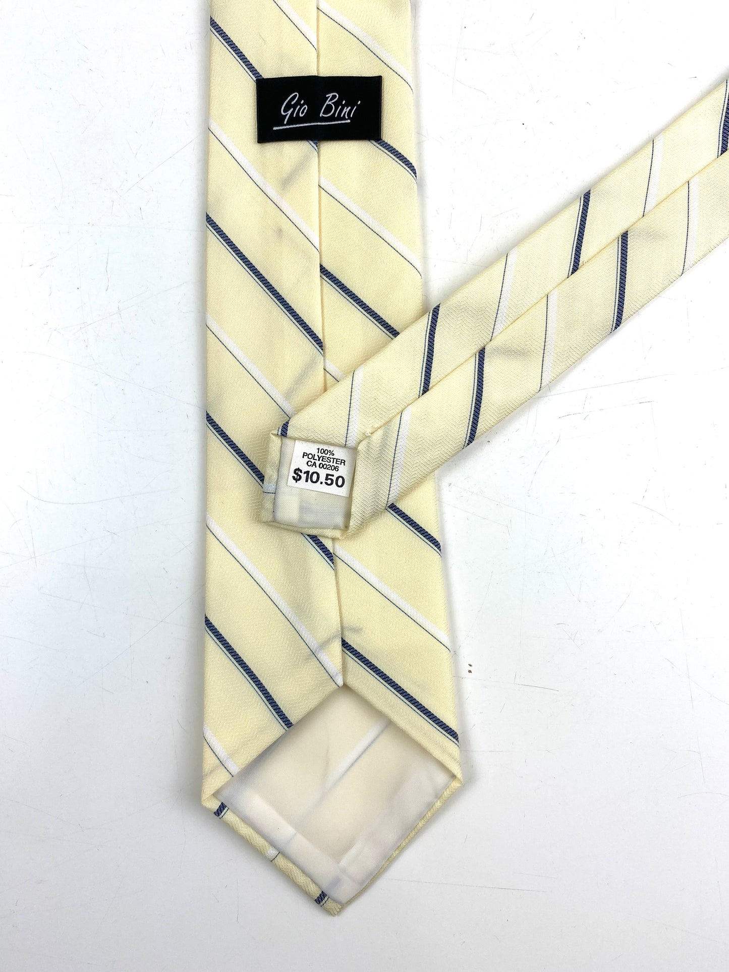 Back and labels of: 80s Deadstock Necktie, Men's Vintage Yellow/ Navy Diagonal Stripe Tie, NOS