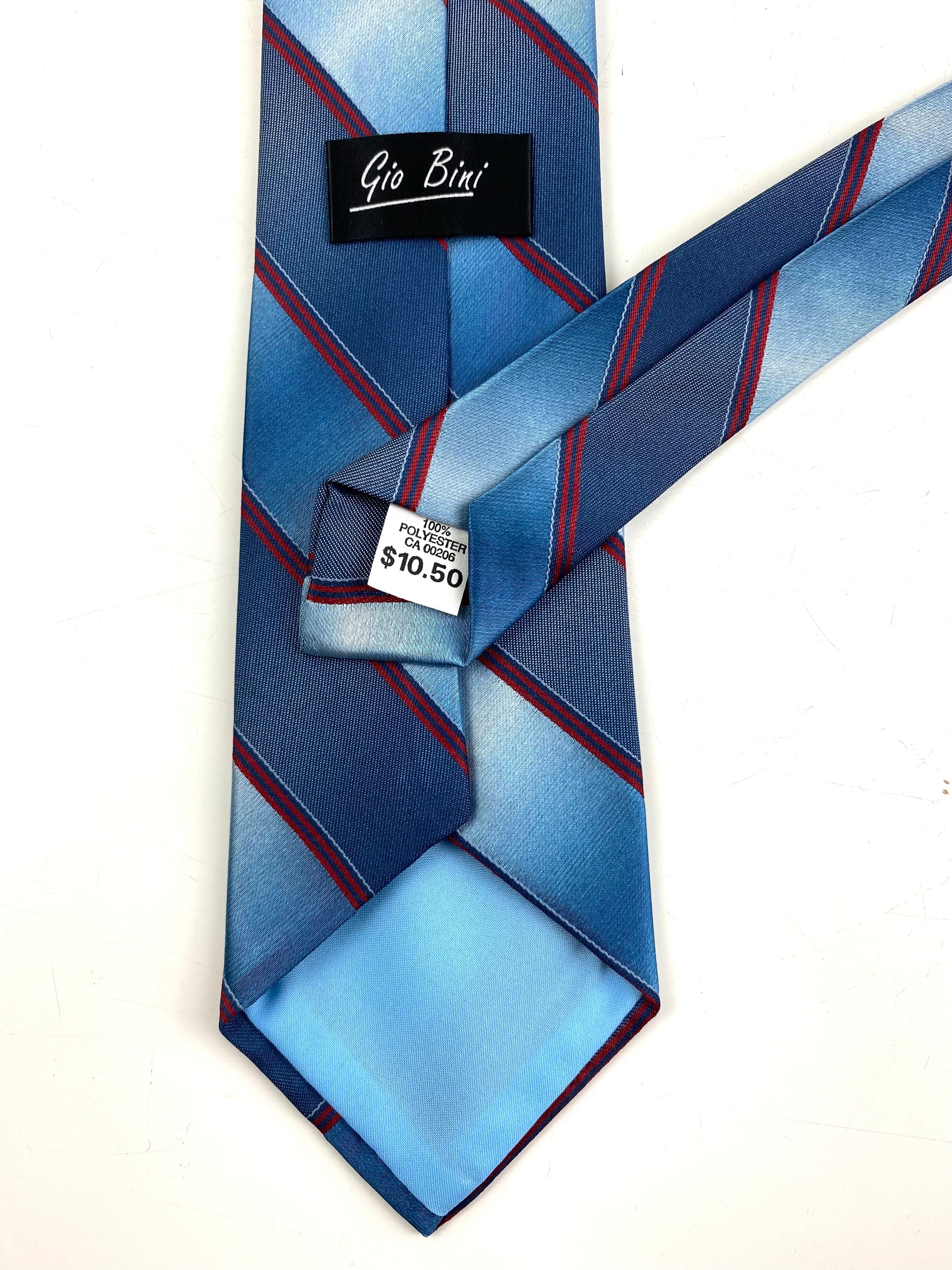 Back and labels of: 80s Deadstock Necktie, Men's Vintage Red/ Blue Diagonal Stripe Tie, NOS