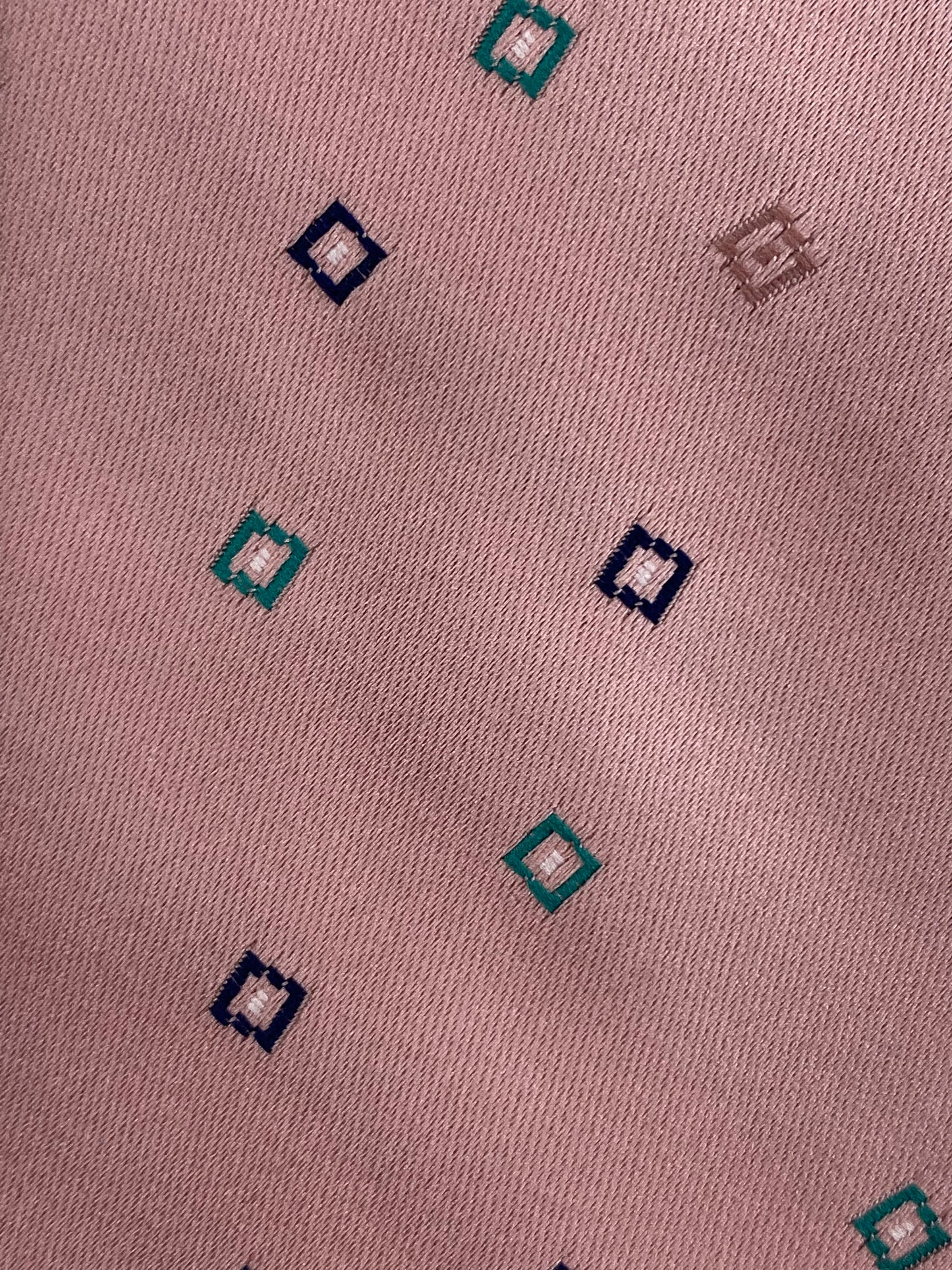 Close-up of: 80s Deadstock Necktie, Men's Vintage Pink Geometric Pattern Tie, NOS
