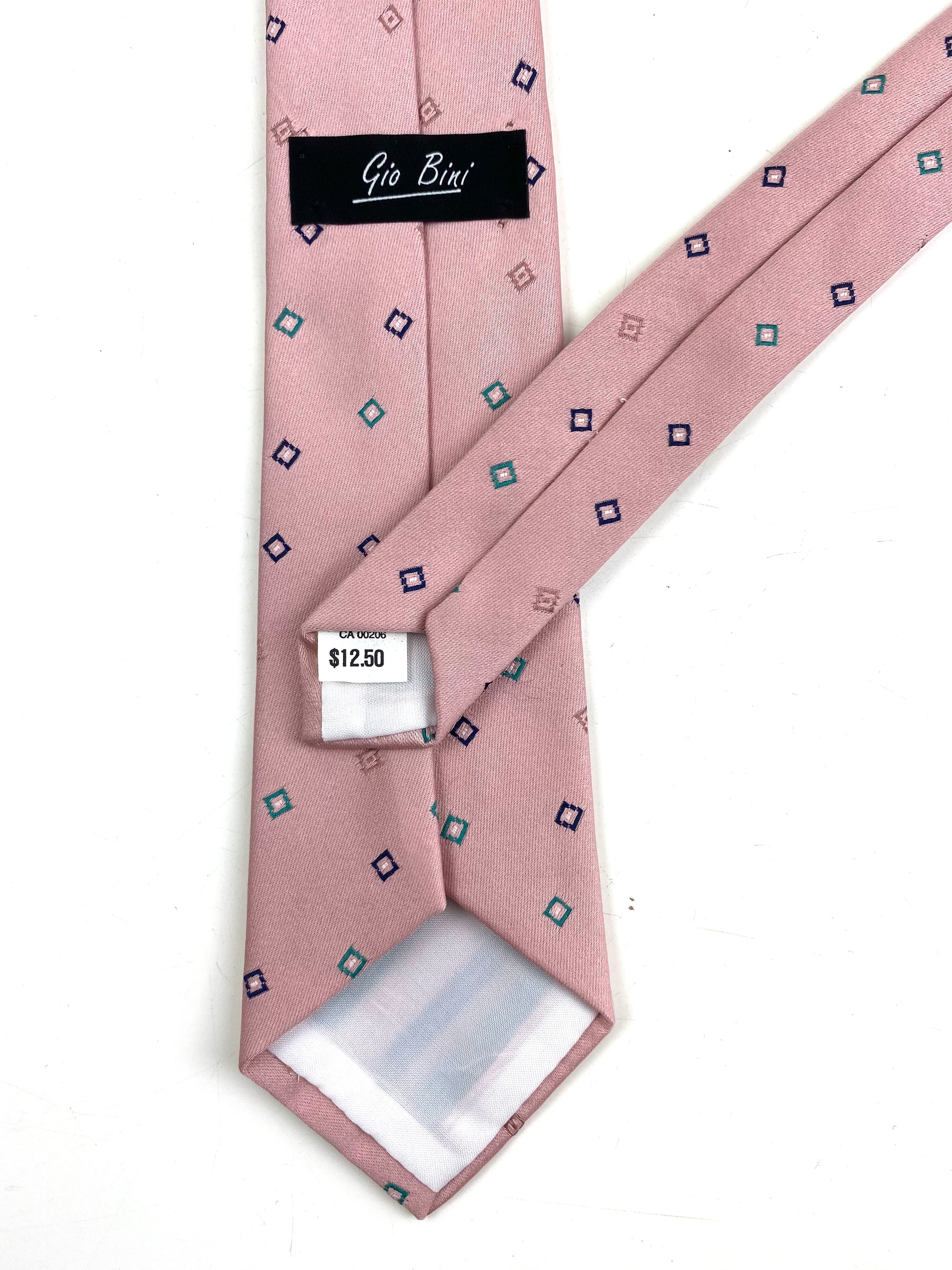 Back and labels of: 80s Deadstock Necktie, Men's Vintage Pink Geometric Pattern Tie, NOS