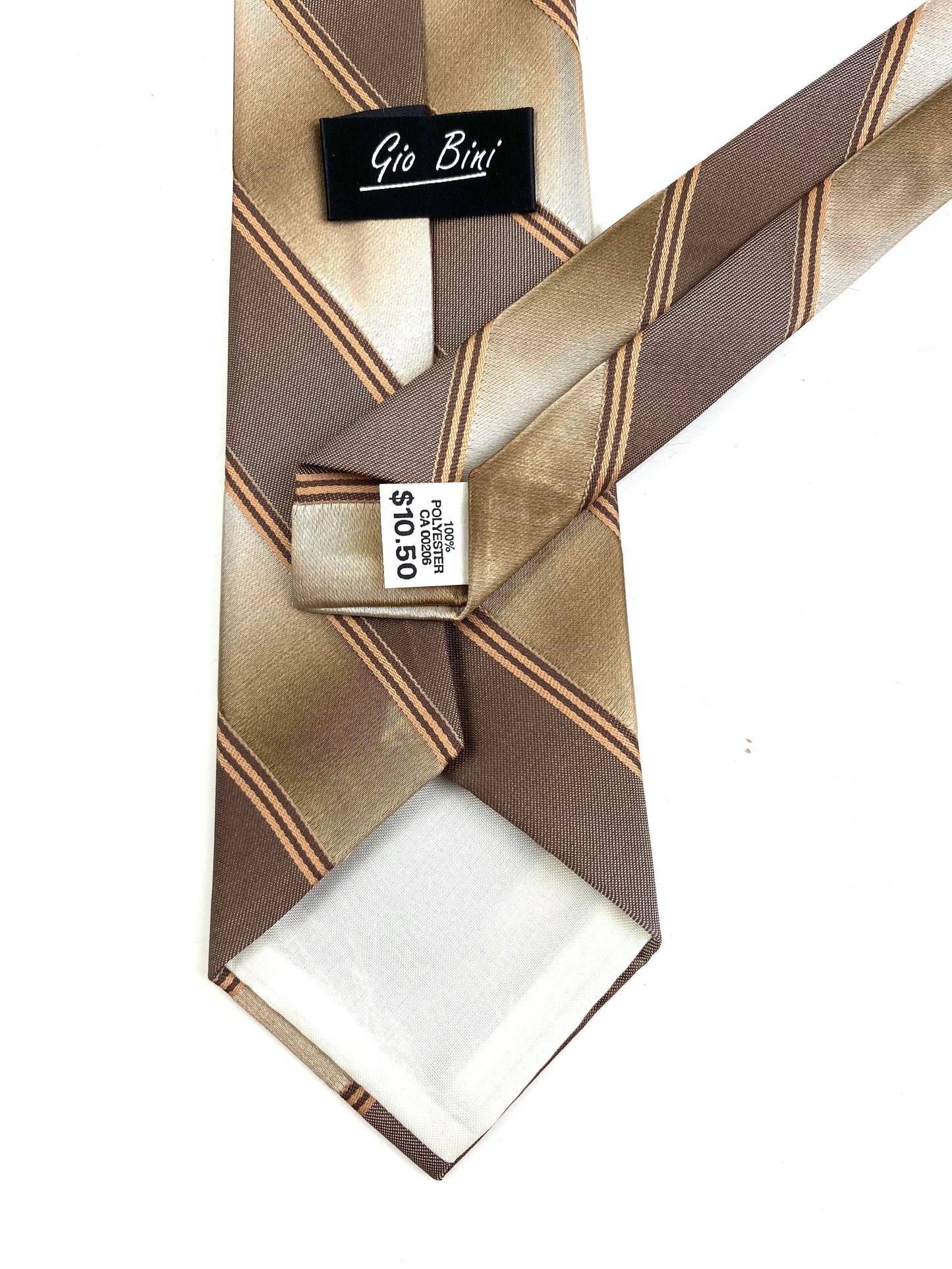 Back and labels of: 80s Deadstock Necktie, Men's Vintage Brown Diagonal Stripe Tie, NOS