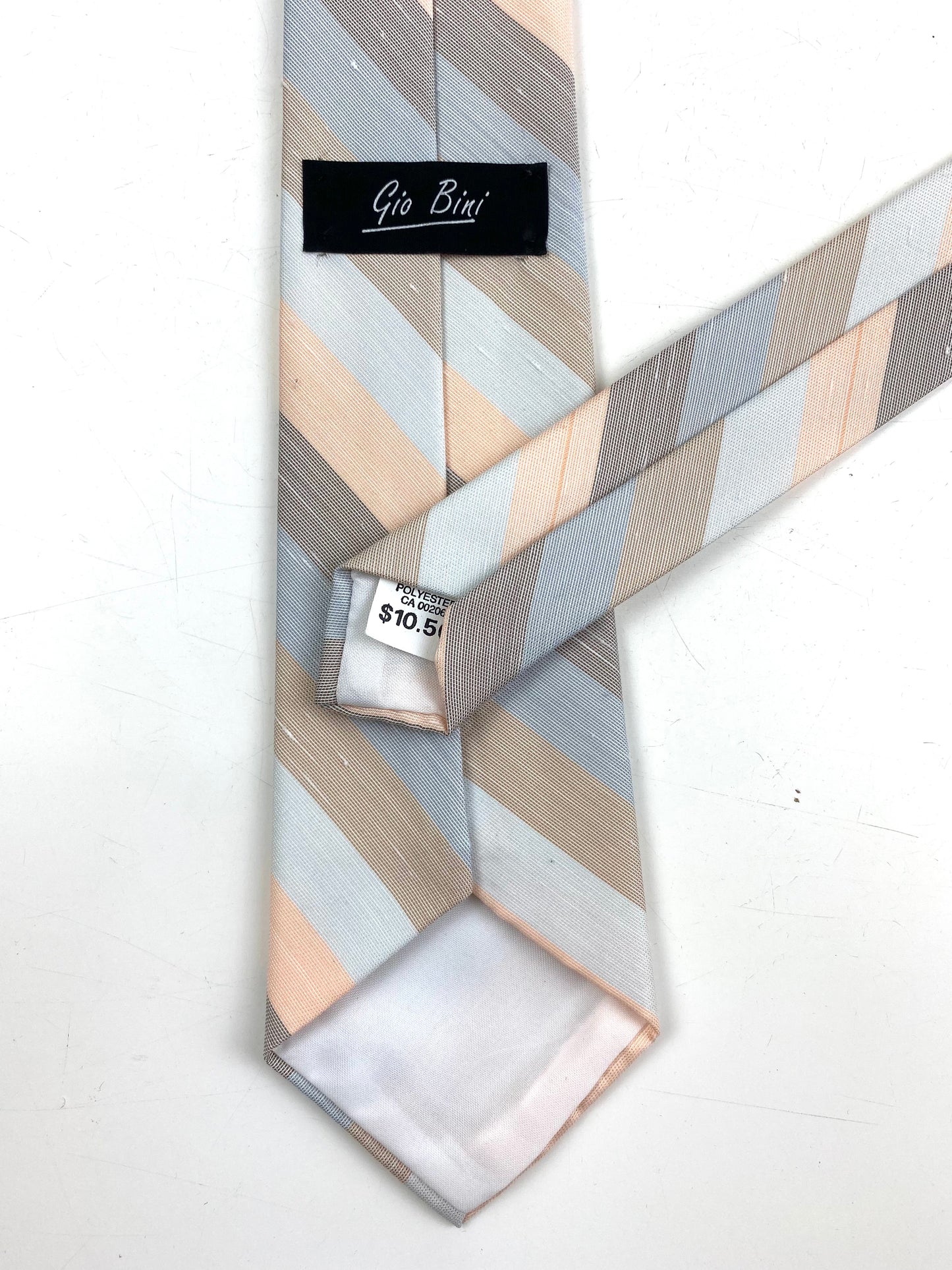 Back and Labels of: 80s Deadstock Necktie, Men's Vintage Grey & Salmon Pink Stripe Tie, NOS