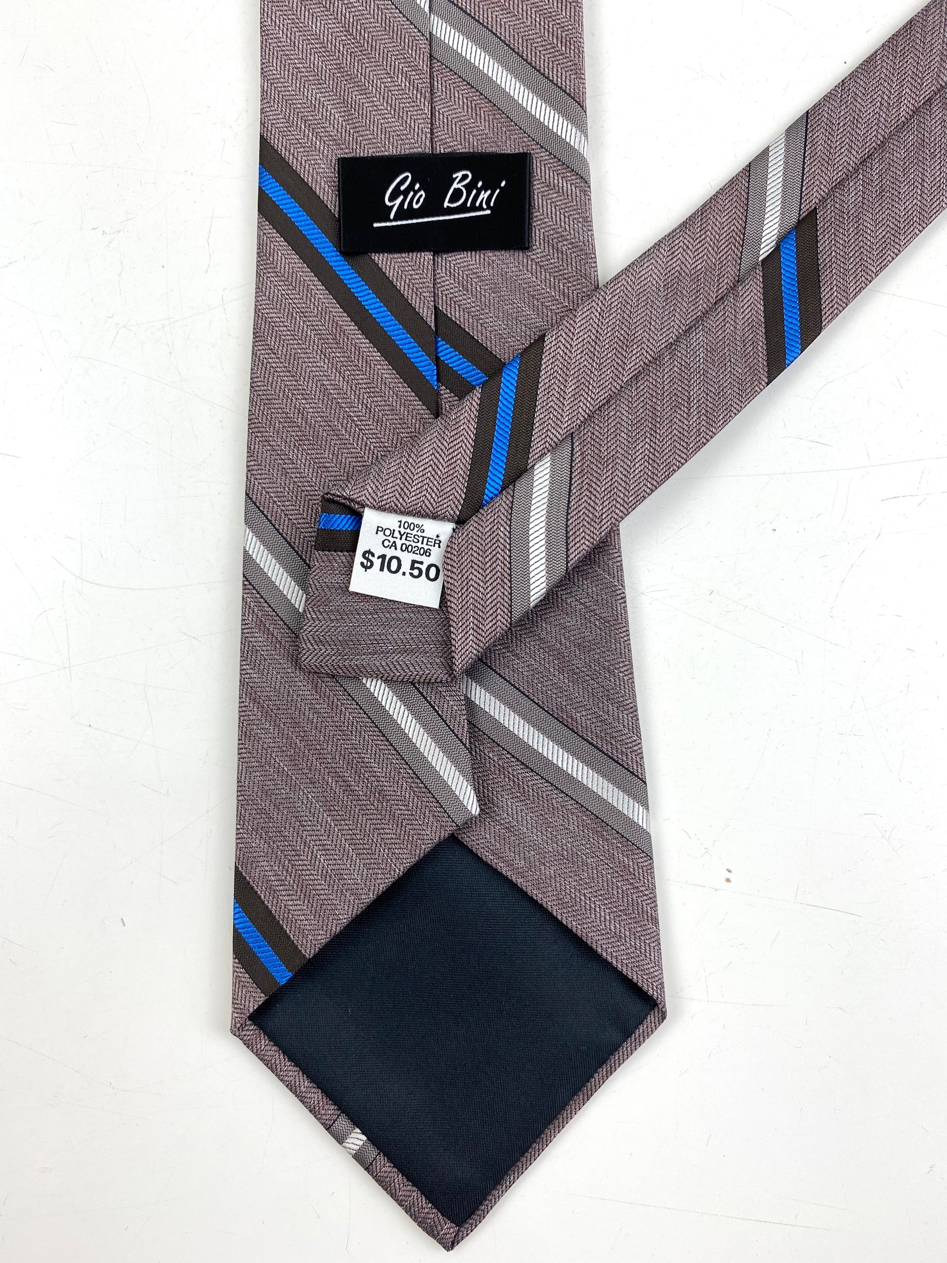 Back and labels of: 80s Deadstock Necktie, Men's Vintage Blue/ Brown Diagonal Stripe Tie, NOS