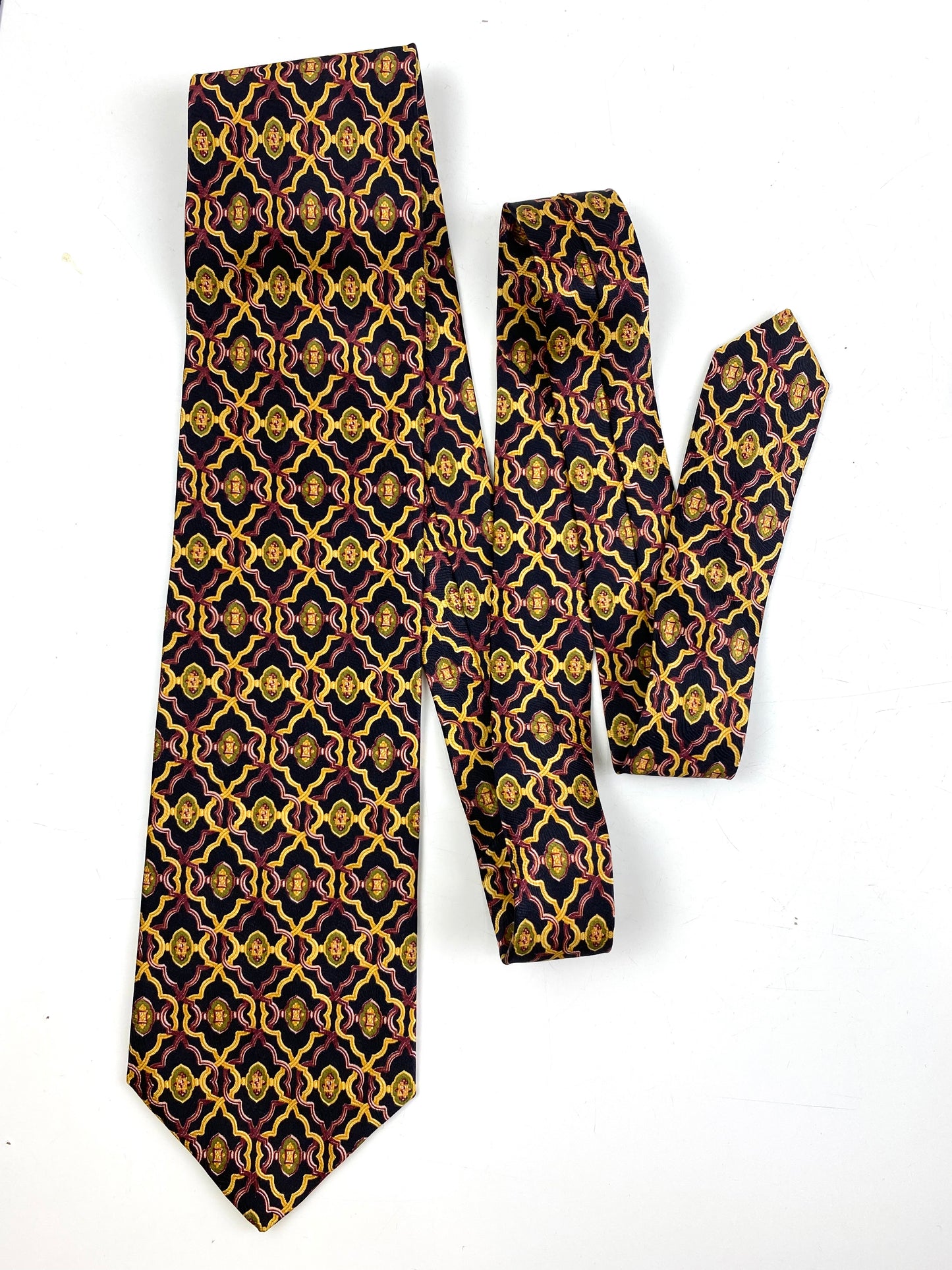 Front of: 90s Deadstock Silk Necktie, Men's Vintage Maroon/Gold Geometric Art Deco Pattern Tie, NOS