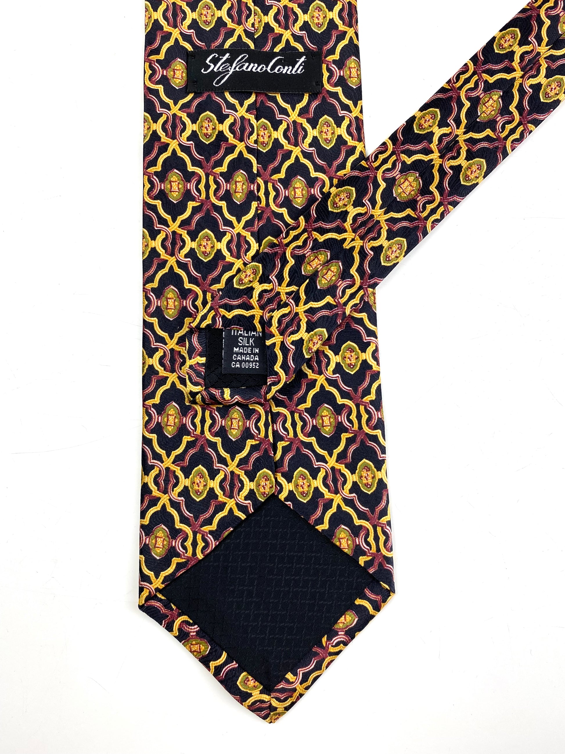 Back and labels of: 90s Deadstock Silk Necktie, Men's Vintage Maroon/Gold Geometric Art Deco Pattern Tie, NOS