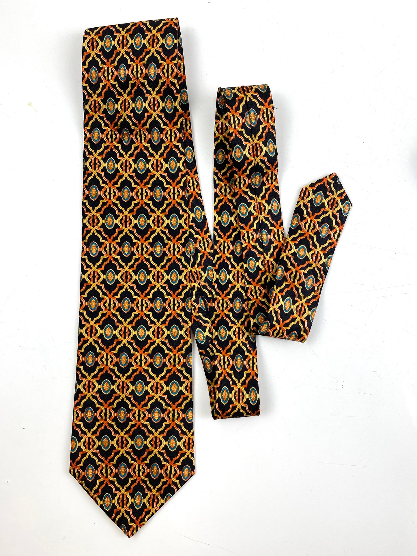 Front of: 90s Deadstock Silk Necktie, Men's Vintage Orange/ Black Geometric Art Deco Pattern Tie, NOS